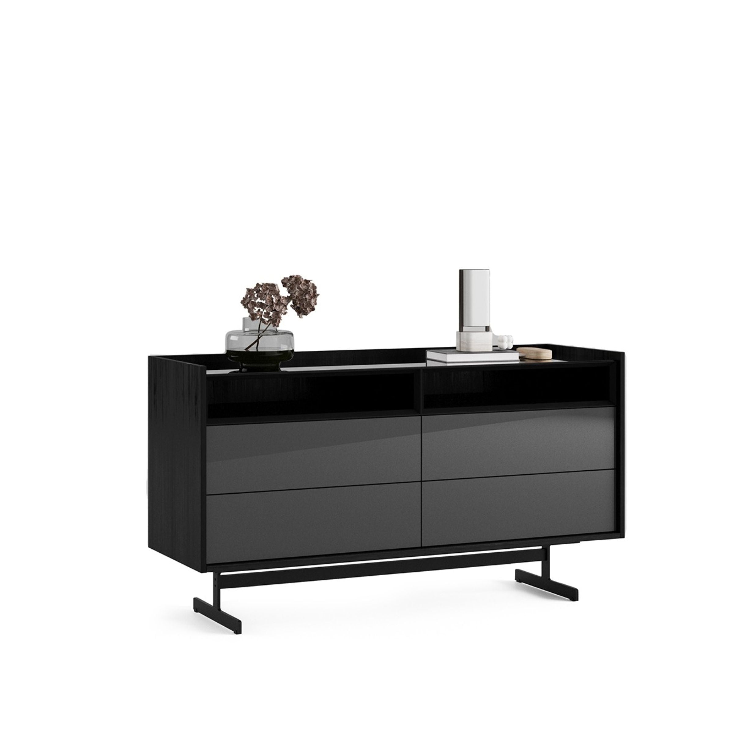 Grey dresser and mirror from YOL LIVING collection, modern furniture with sleek design and ample storage space.