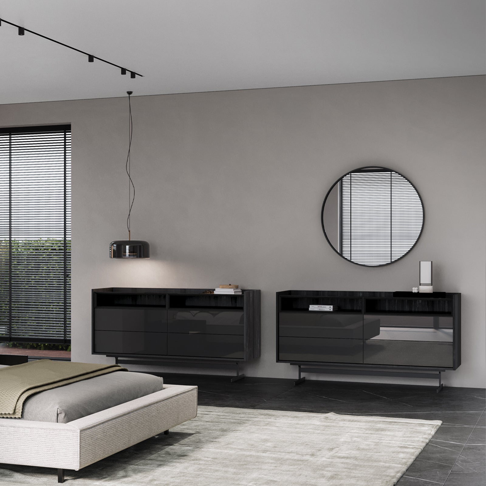 YOL LIVING grey dresser and mirror collection, featuring a sleek dresser with multiple drawers and a matching wall mirror.