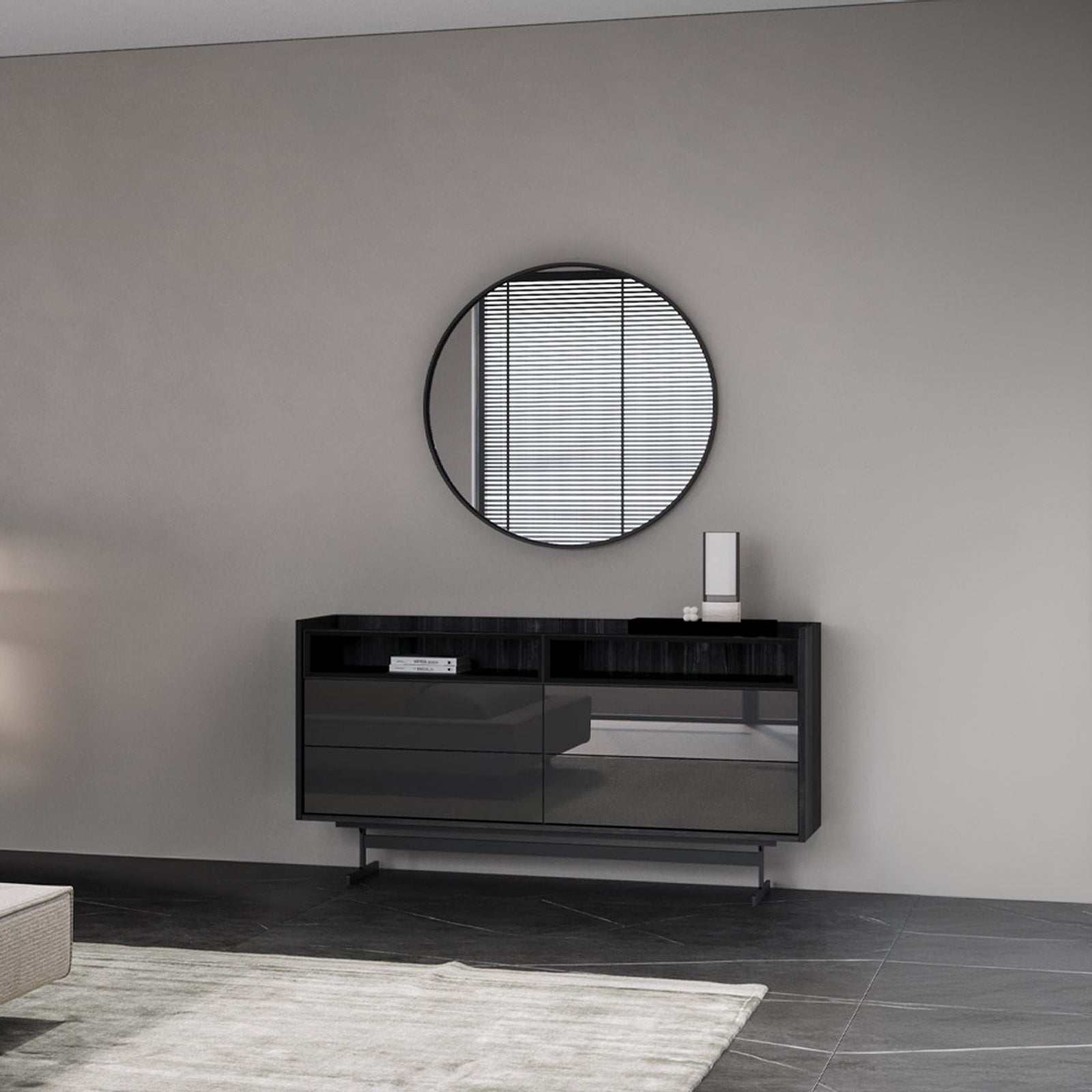 Grey dresser and matching mirror from YOL LIVING collection, modern bedroom furniture with clean lines and storage space