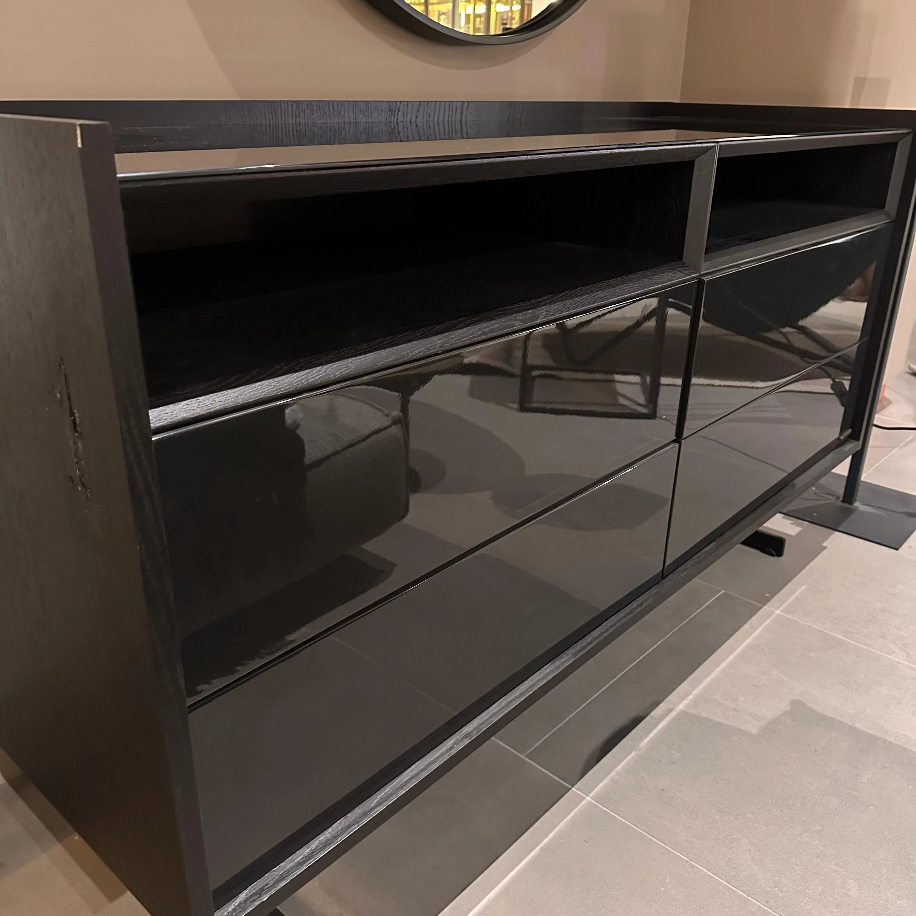 Collection grey dresser with matching mirror by YOL LIVING, showcasing a modern bedroom furniture display.