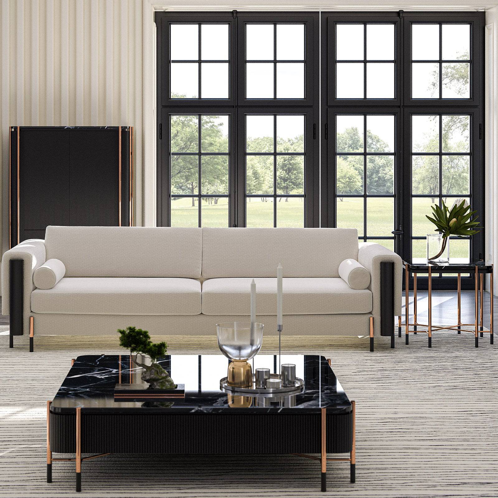 Display item: Dali Center Table with glass top from LODA FURNITURE, modern design, showcasing a sleek glass surface and wooden base.