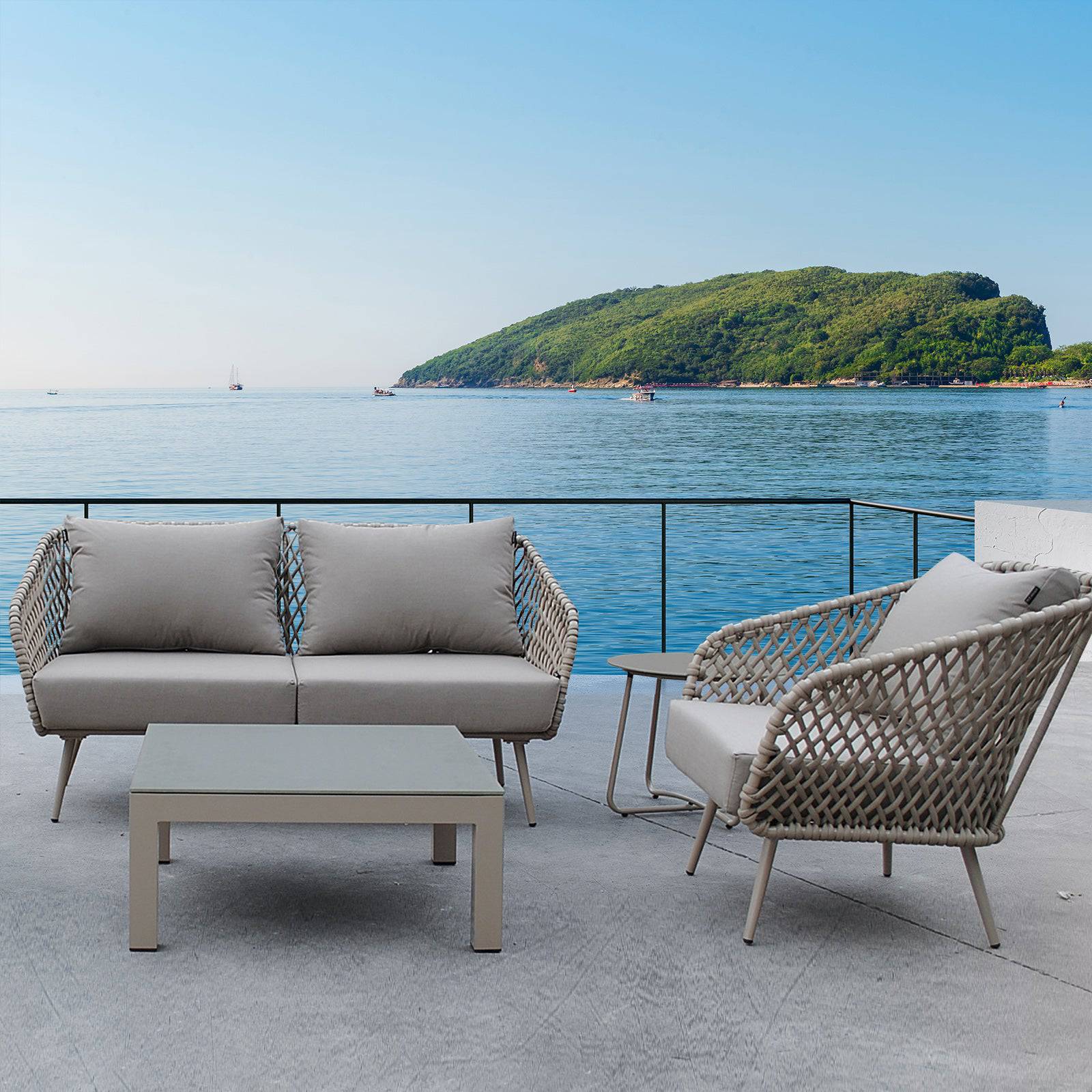Display of the BEACON Evolve Outdoor Armchair, showcasing its modern design and comfortable seating for outdoor spaces.