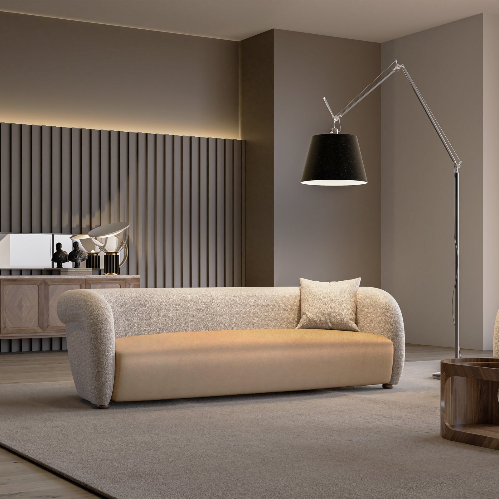 Loda Furniture Gauss 4-seater sofa display item with modern design and plush cushions, in a neutral fabric upholstery.
