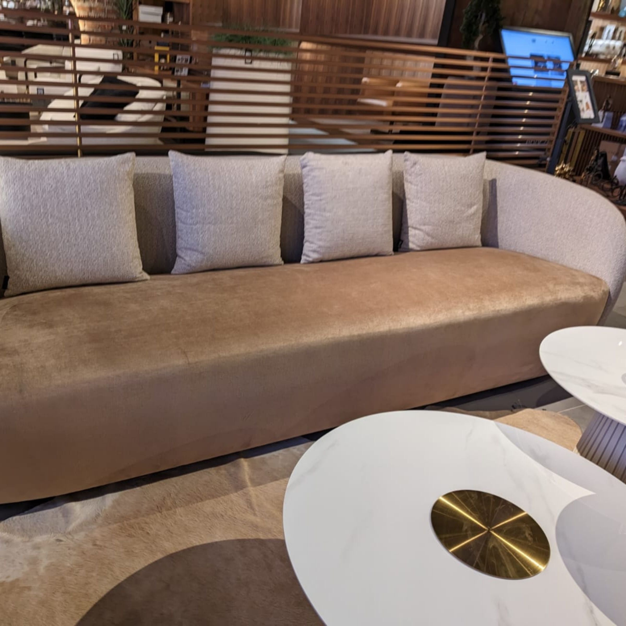 Display of the LODA Furniture Gauss 4 Seater Sofa showing modern gray fabric upholstery and plush seating.