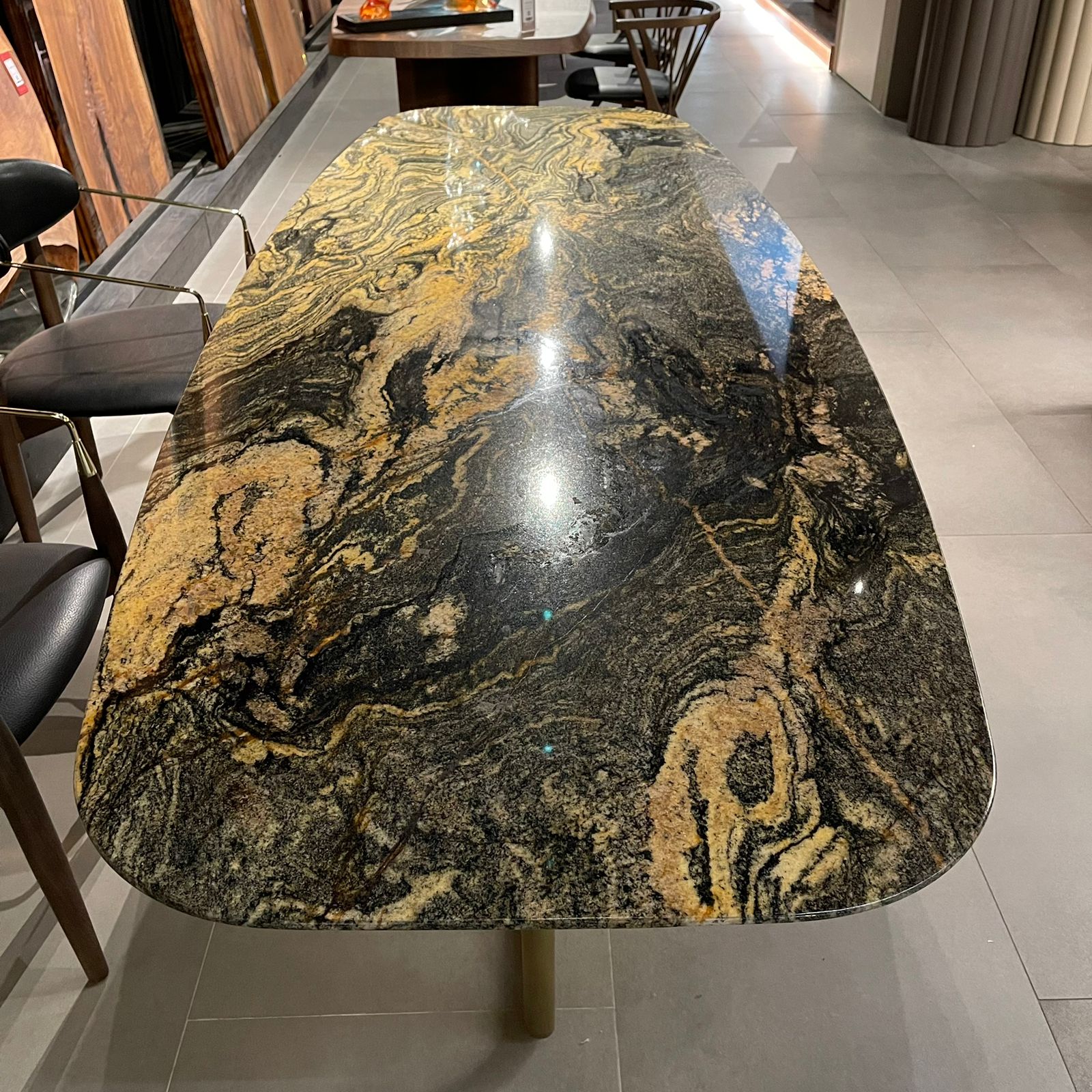 Display of the Giallo Dining Table Gialodt-260 by LODA FURNITURE, showcasing its modern yellow wooden tabletop and sleek design.