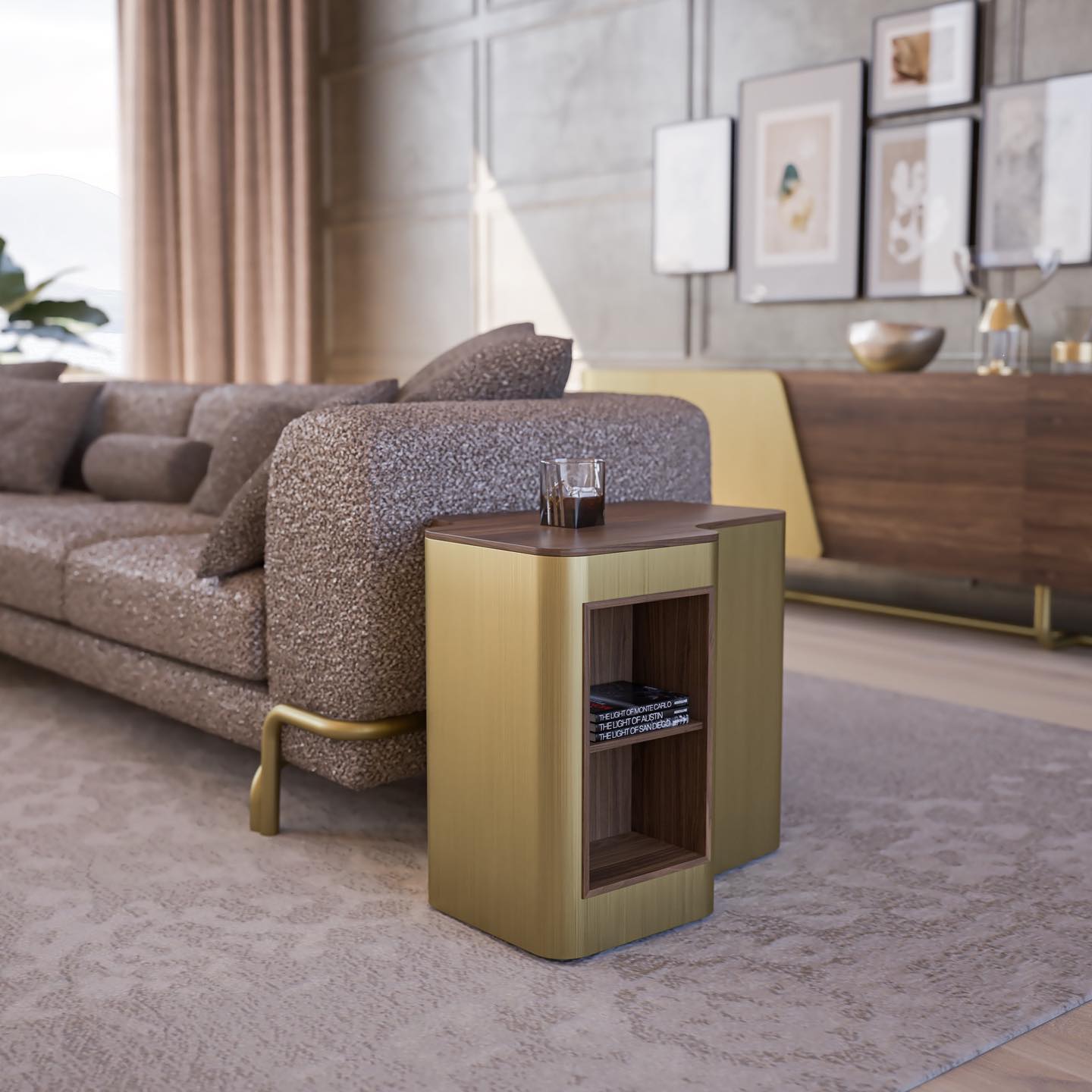 Giallo Gold side table by LODA Furniture, sleek modern design with a glossy finish, displayed as a stylish accent piece.