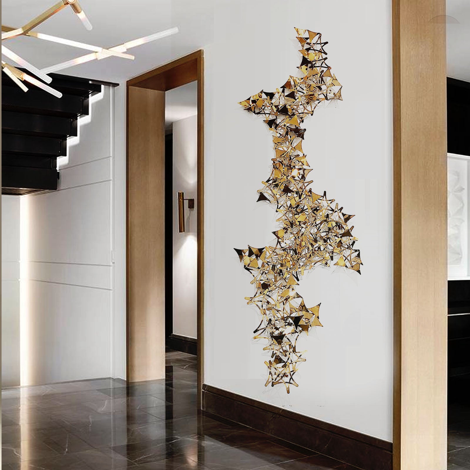 Golden stars handcrafted stainless steel artwork display item showcasing intricate star designs and metallic finish.