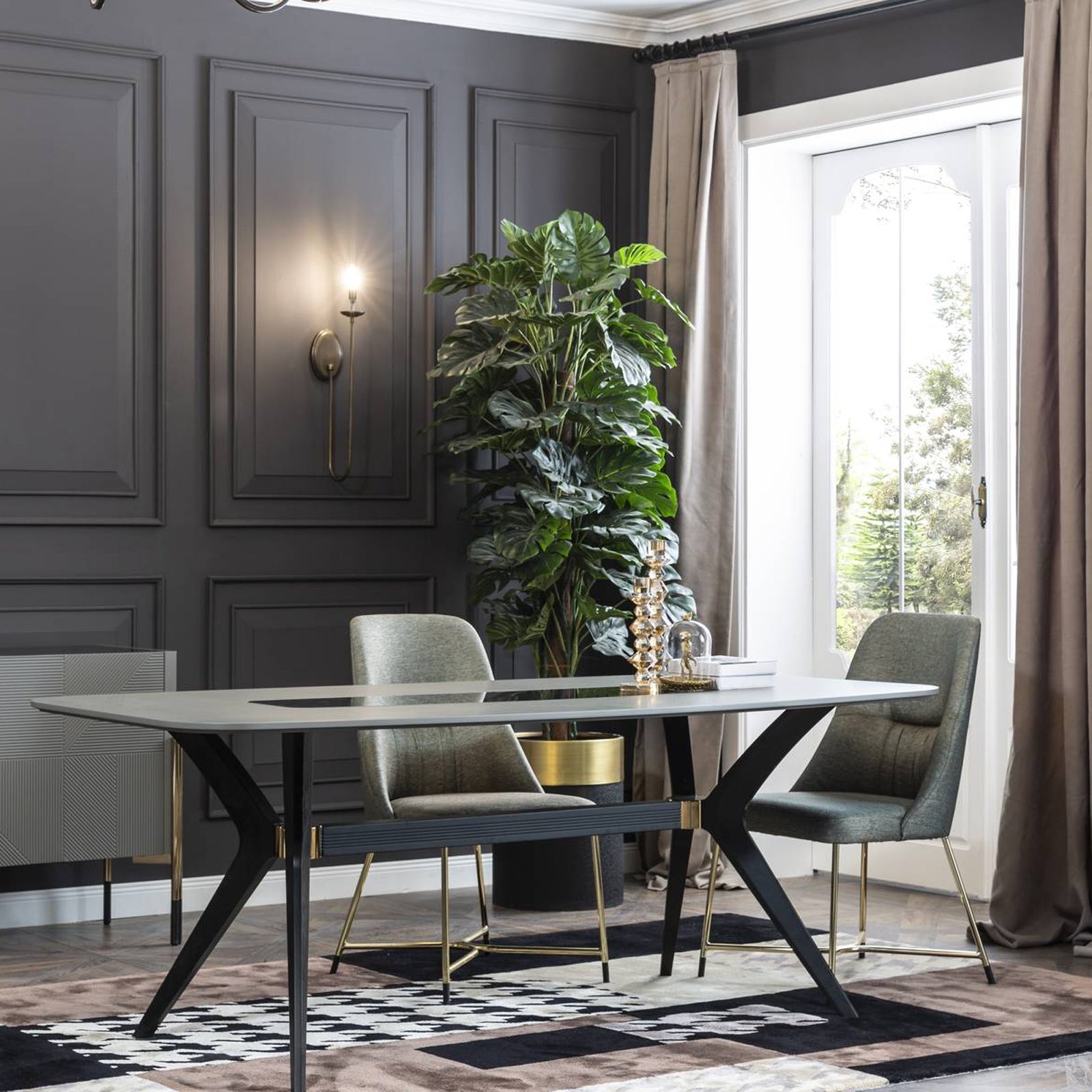 Grey YOL LIVING dining table display item with sleek, modern design and sturdy wooden legs, perfect for contemporary dining spaces.