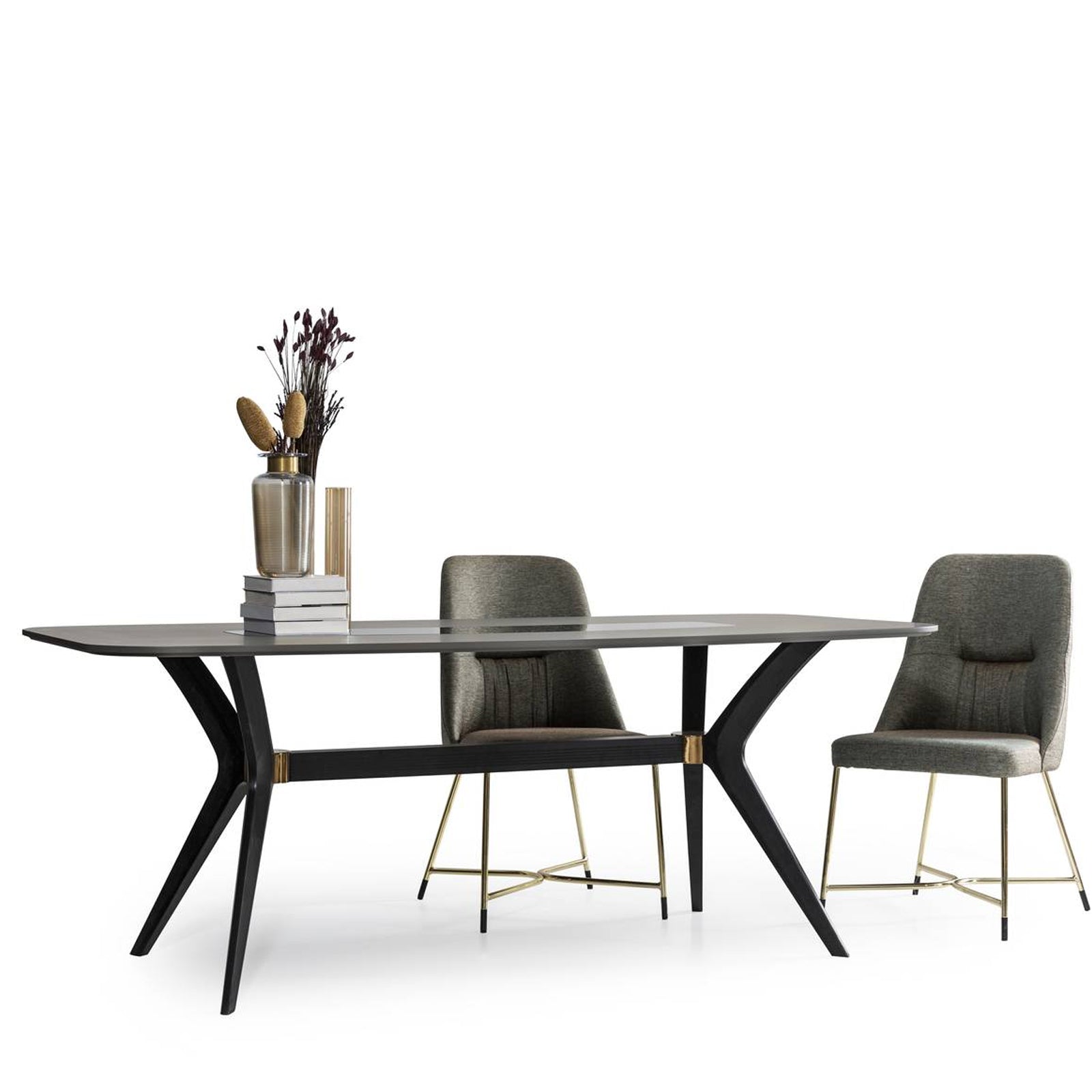 Grey dining table display by YOL LIVING, showcasing a modern, sturdy table with a sleek finish for contemporary dining spaces.