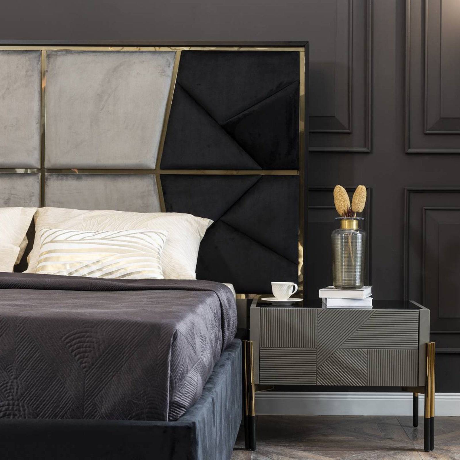 Grey dresser and matching mirror by YOL LIVING, modern furniture piece with sleek design, displayed in a contemporary setting.