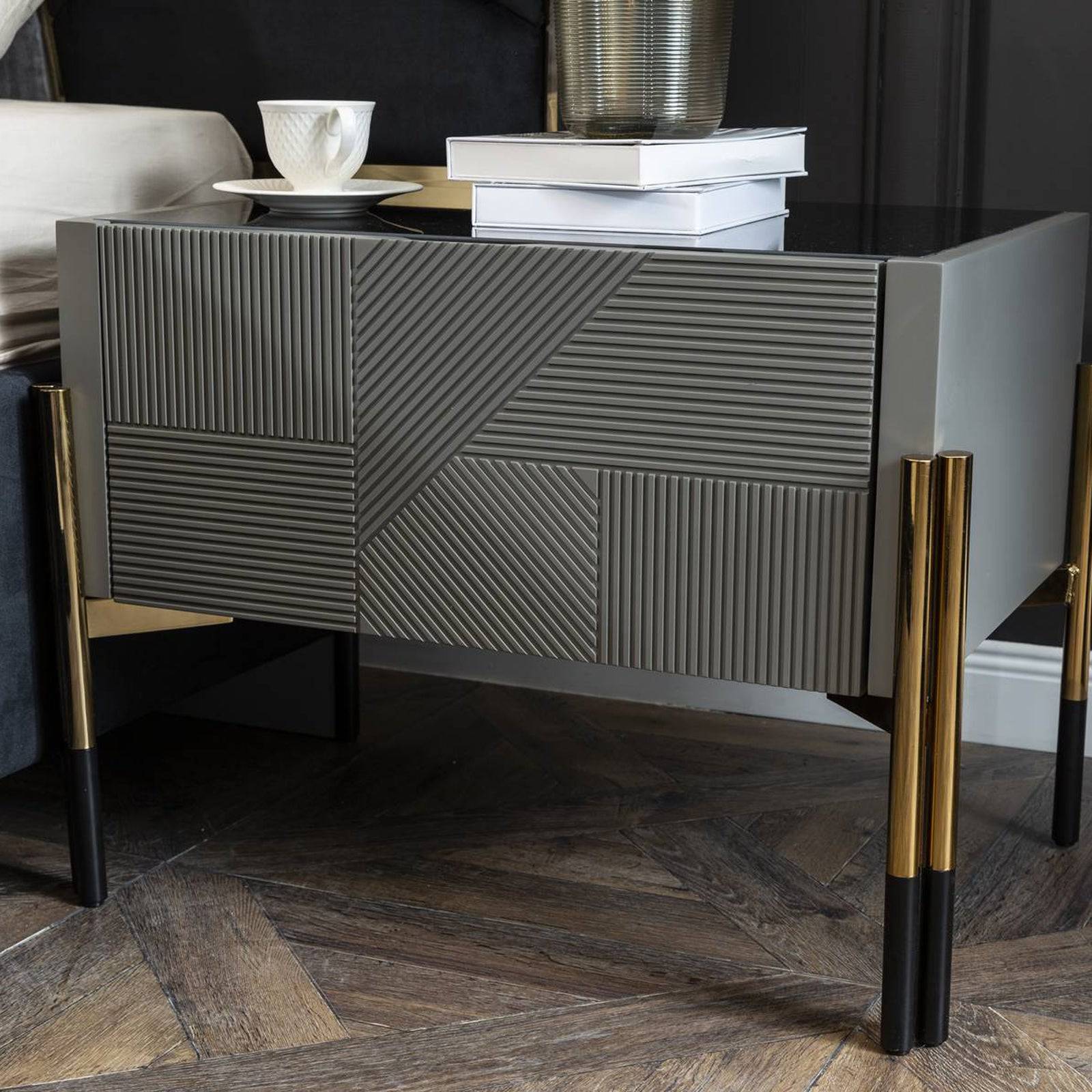 Grey dresser and mirror from YOL LIVING, modern dresser with attached matching mirror, sleek design for bedroom storage.