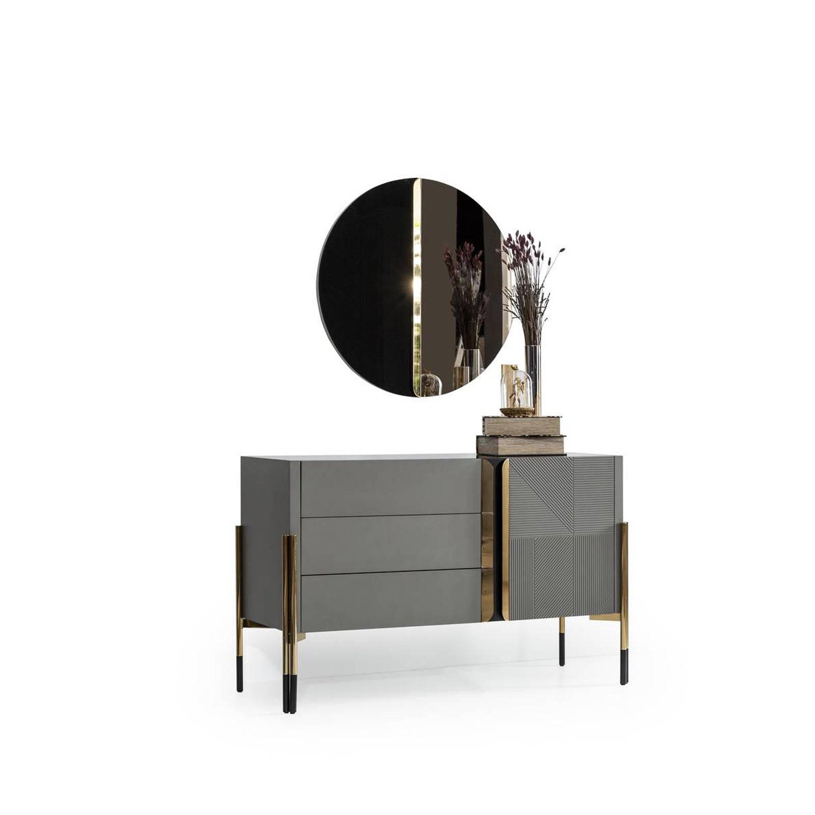 Grey dresser and mirror set from YOL LIVING, modern dresser with matching mirror, sleek and stylish bedroom furniture.