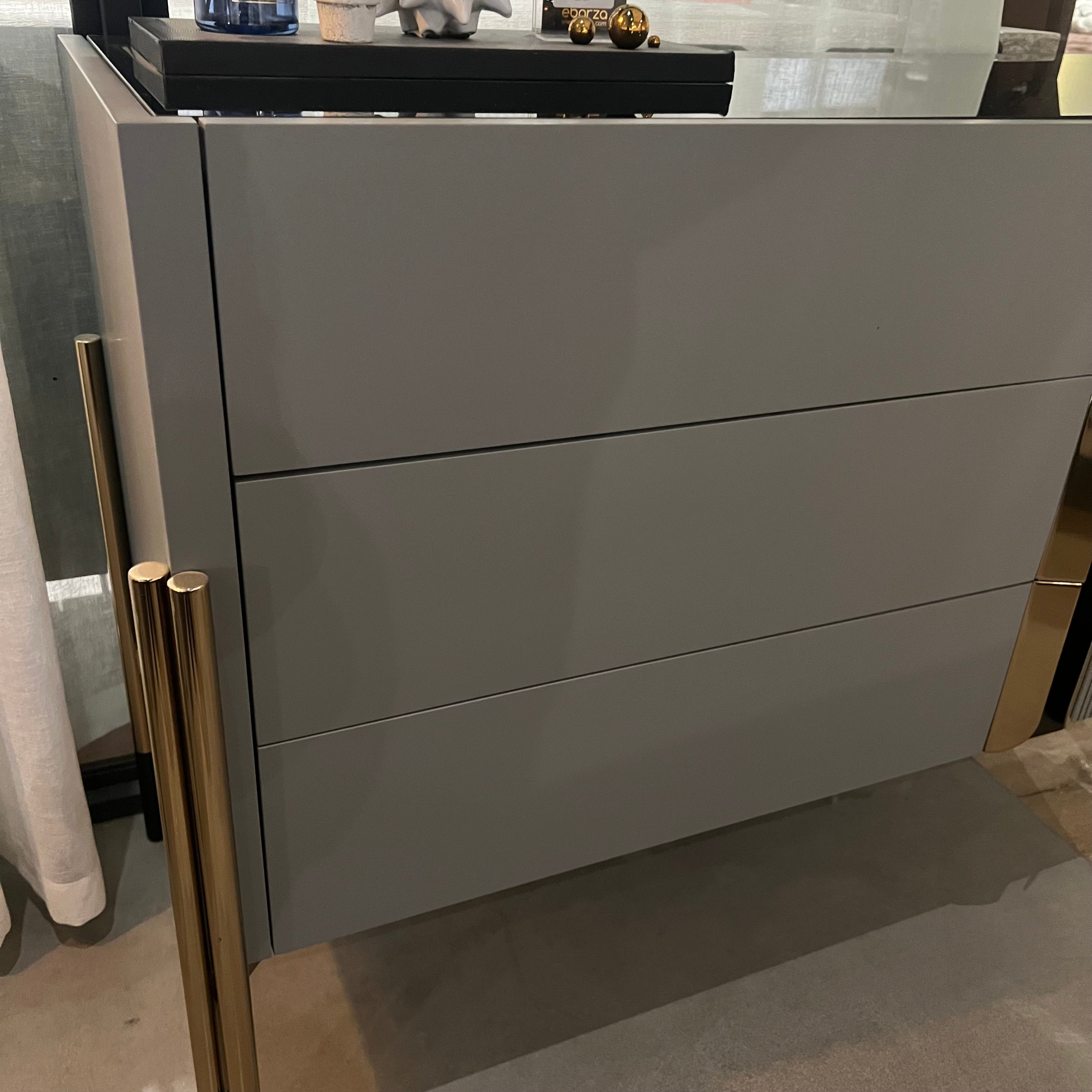 Grey dresser with matching mirror, YOL LIVING Diva022 display item, showcasing modern bedroom furniture with sleek design.