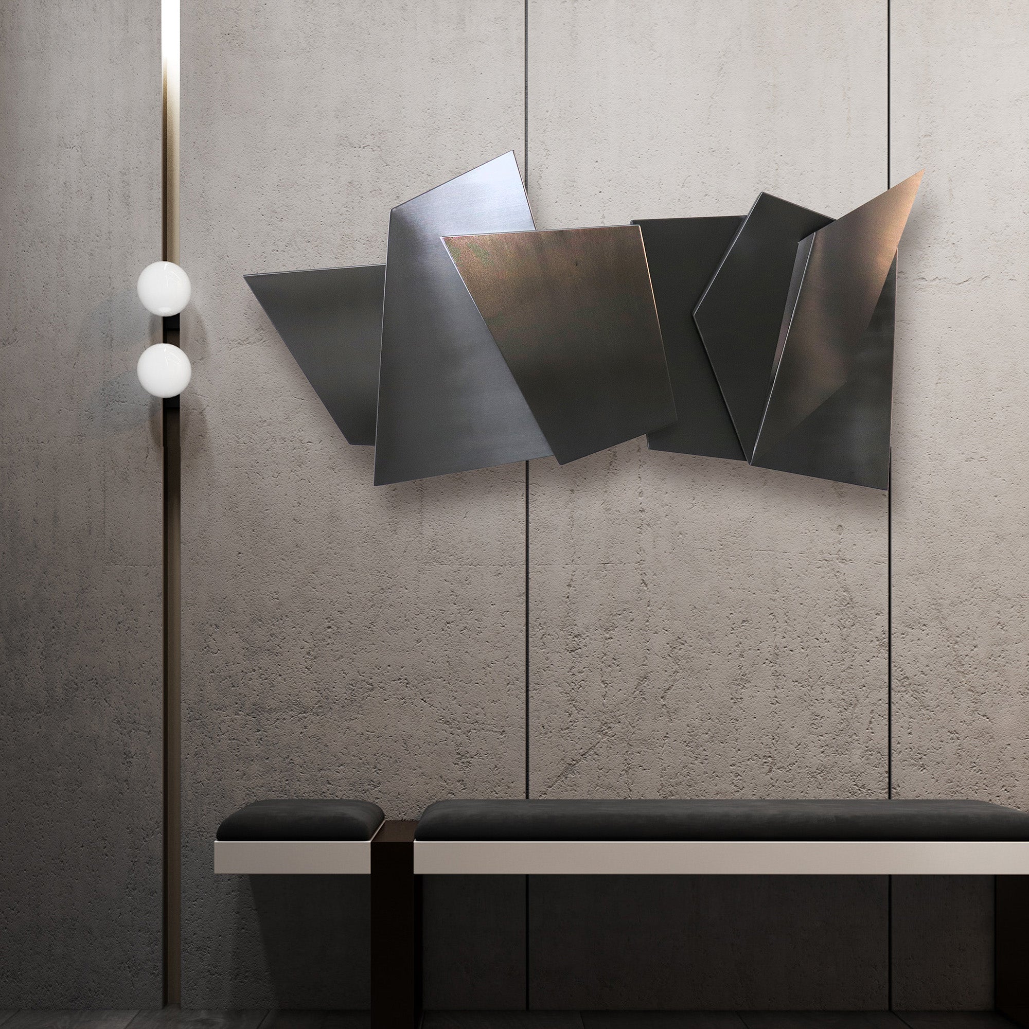 Handcrafted stainless steel artwork "Nakheel" display item by BEACON, featuring intricate metal design for modern decor.