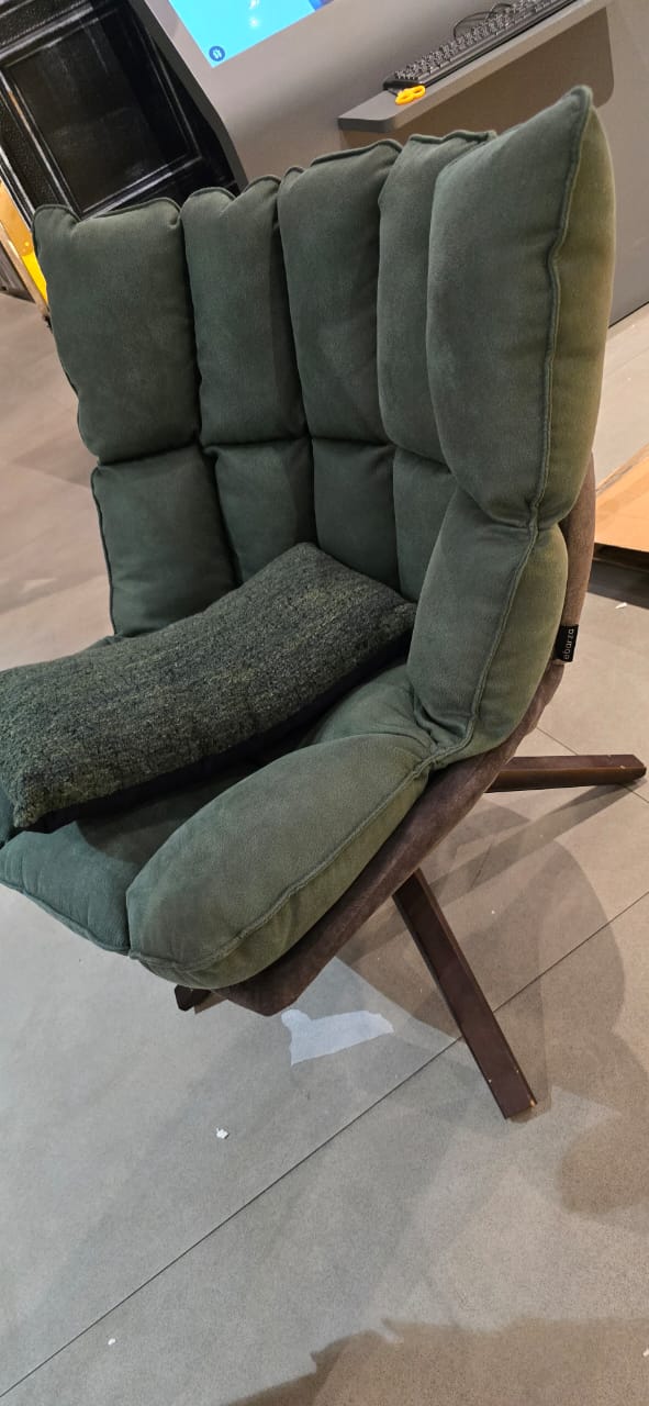 Lille Lounge Chair LC005 by BEACON in green fabric, modern design, displayed as a showroom display item.
