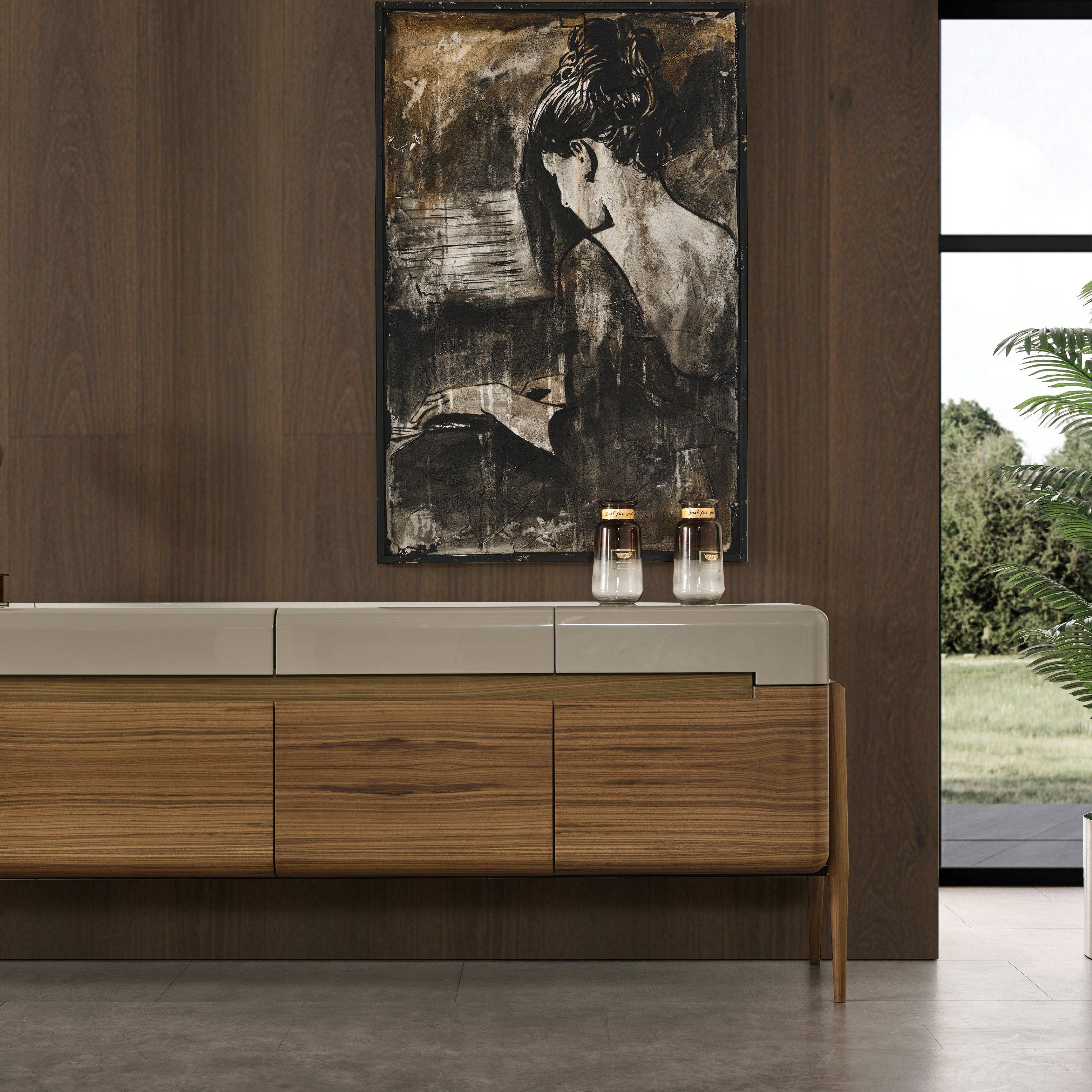 Lucca Kristal sideboard and mirror by Kristal Mobilya, modern wooden sideboard with glass accents and matching wall mirror.
