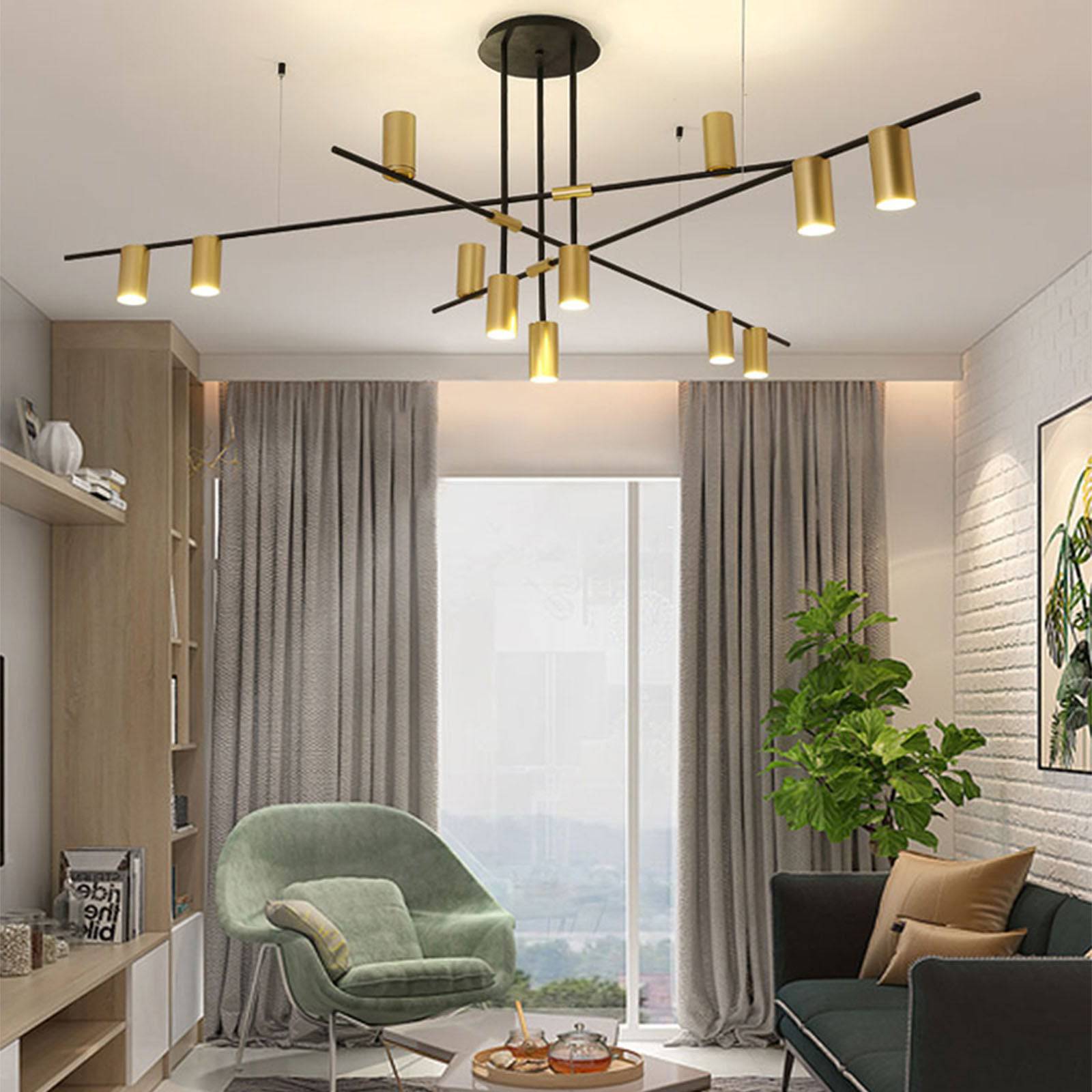 Display of BEACON Monaco 12 Heads Pendant Lamp with sleek metal finish and modern design, hanging from a ceiling.