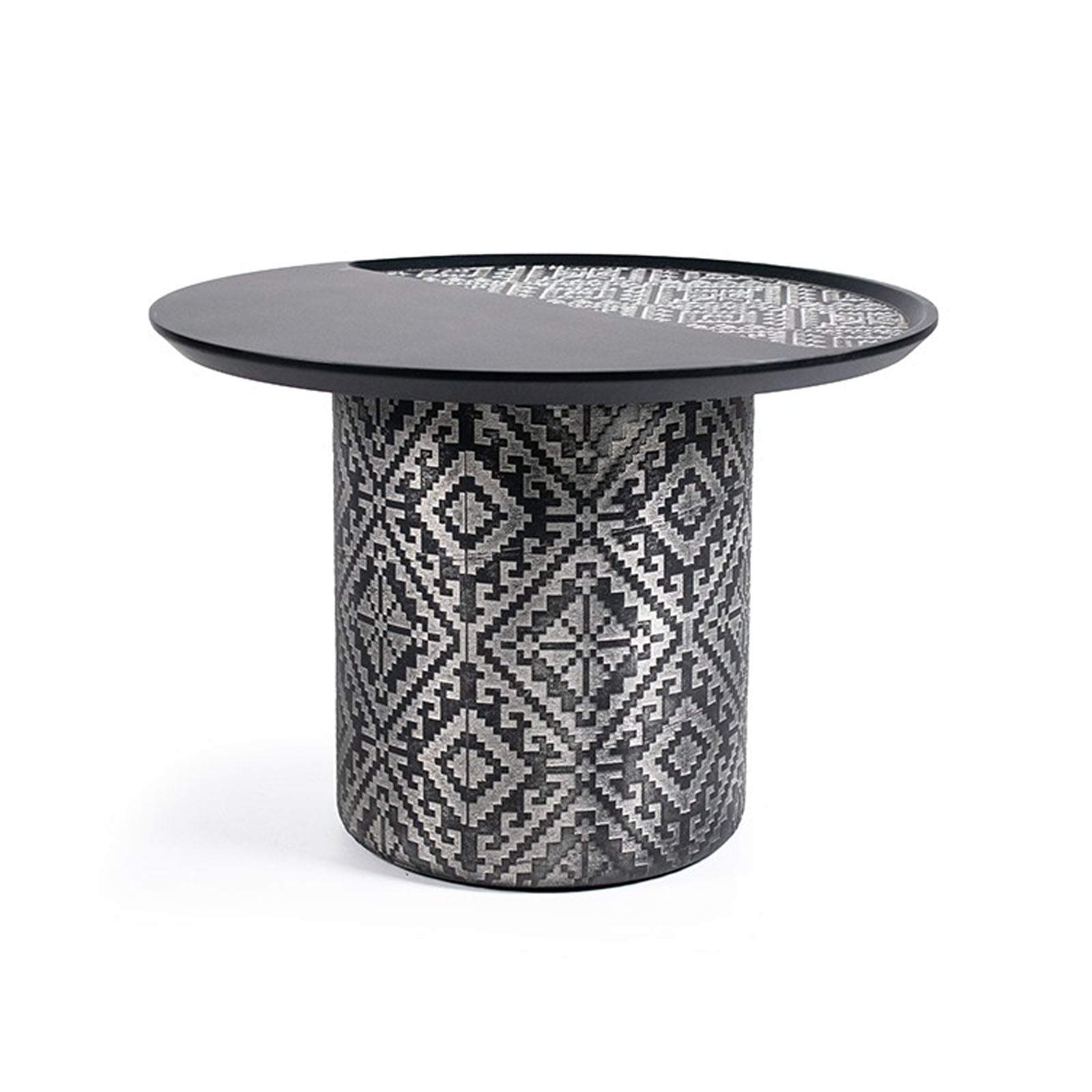 Display image of Nakheel Motif Side Table by Nills Furniture Design, showcasing its intricate pattern and sleek wooden finish.