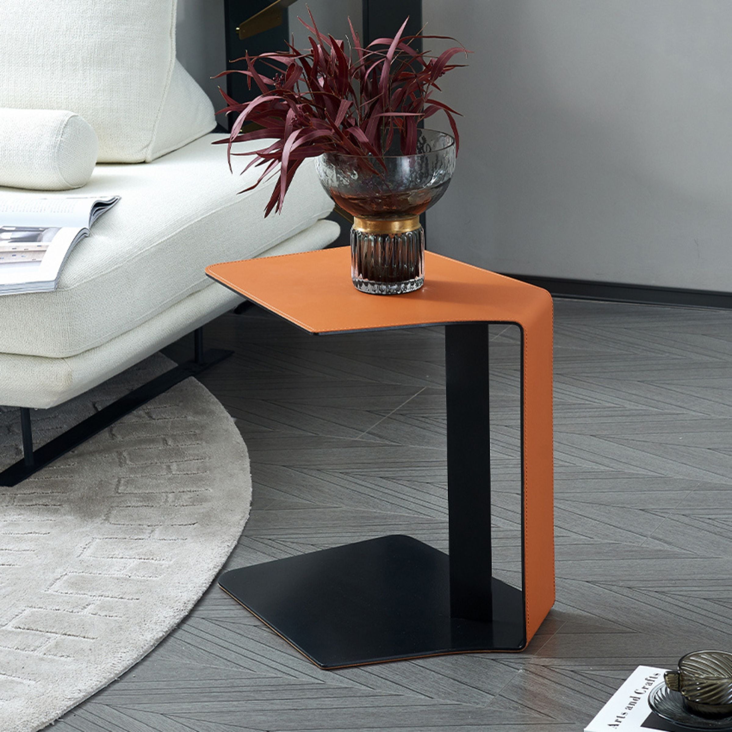 Mycroft Saddle Leather Side Table by BEACON, featuring a sleek leather surface and modern design for stylish living spaces.