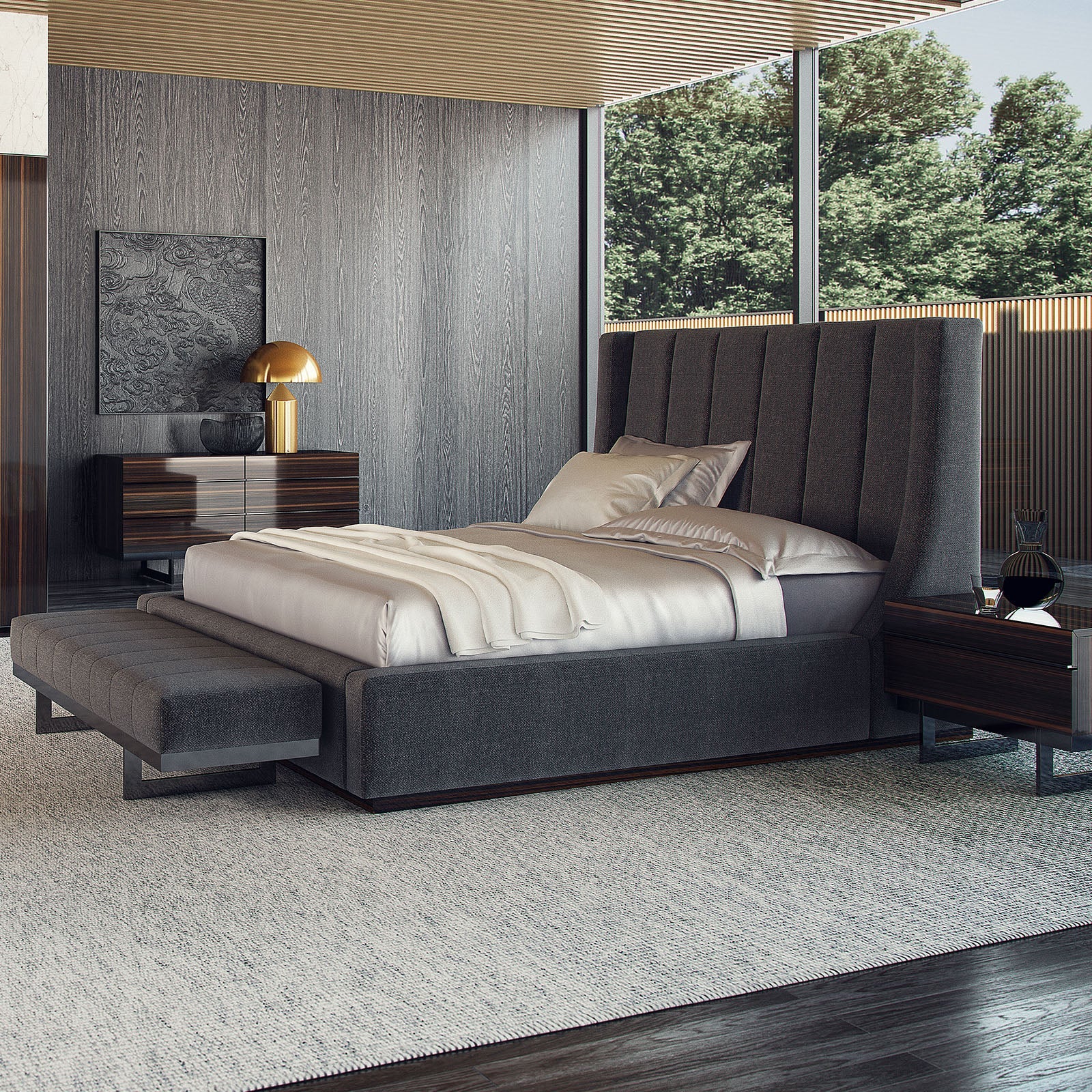 Display of the Prada Elegant Bedroom Set by NILLS Furniture Design featuring a stylish bed, nightstands, and bedroom accessories.