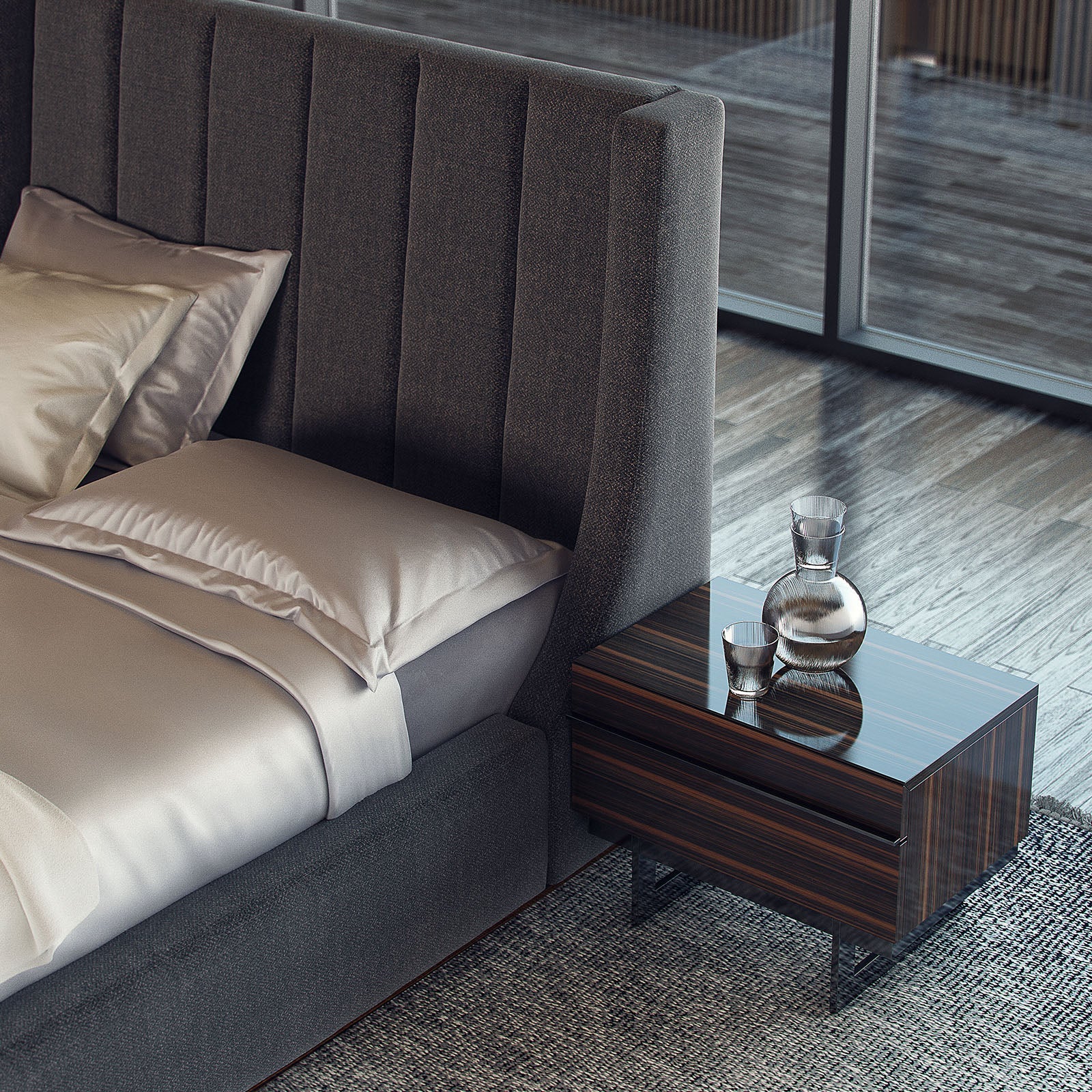 Display of Prada Elegant Bedroom Set by Nills Furniture Design, showcasing the stylish bed, nightstands, and bedroom decor.