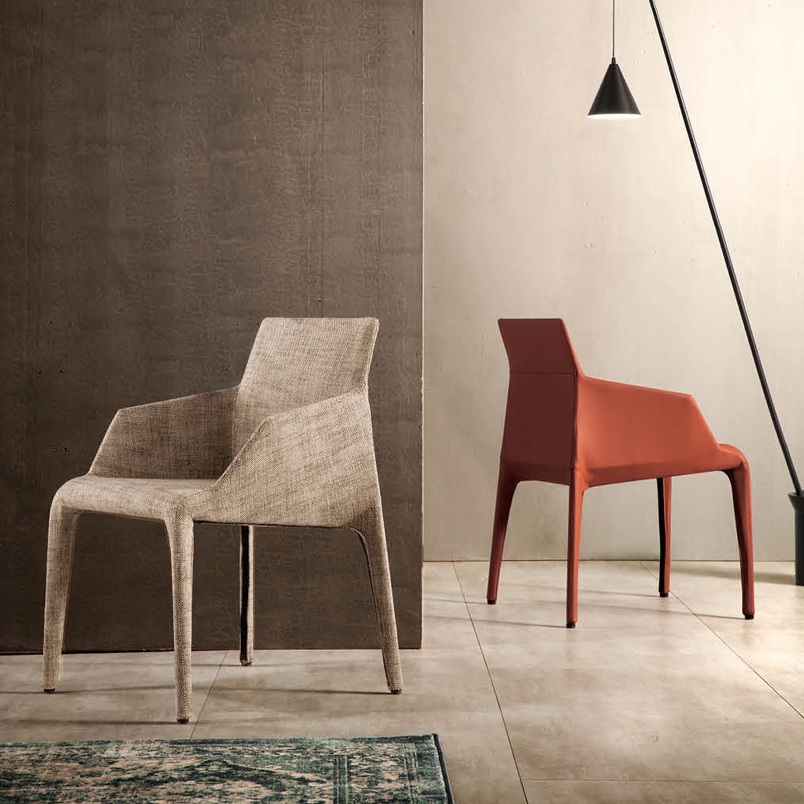 Display of the Sandra Chair DC005YAS by Beacon, showcasing its modern design and sleek fabric upholstery.