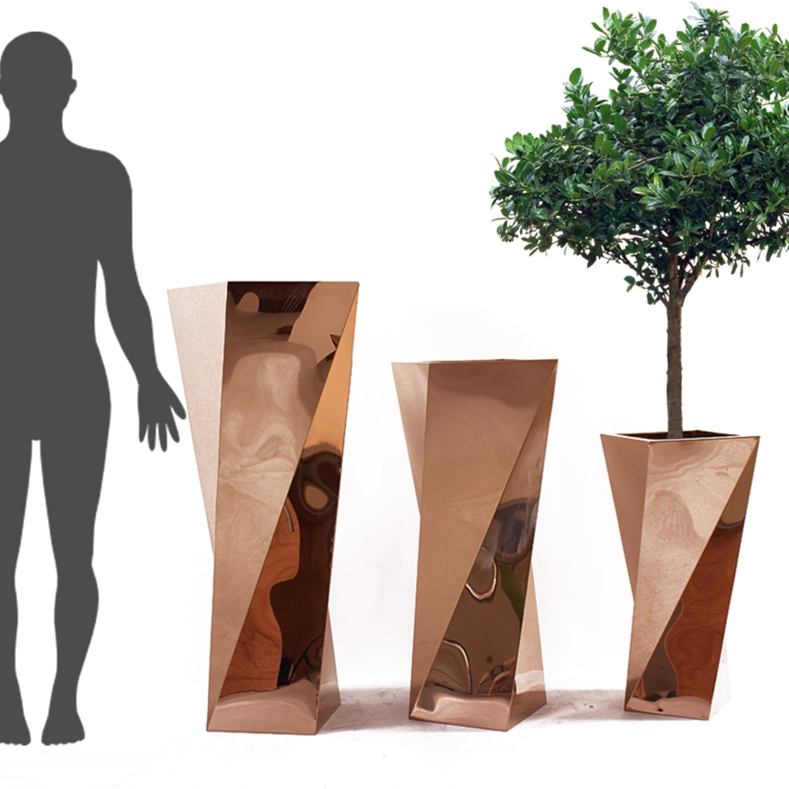 Set of 3 large stainless steel planter boxes by Beacon, displayed together, with sleek, modern design and polished metallic finish.