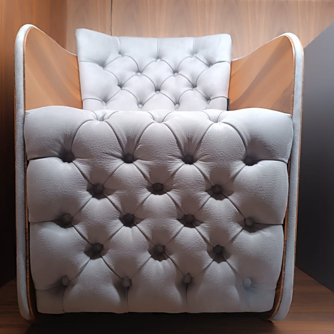 Small beige Sir Armchair display item from LODA Furniture, showcasing a modern, comfortable armchair design.