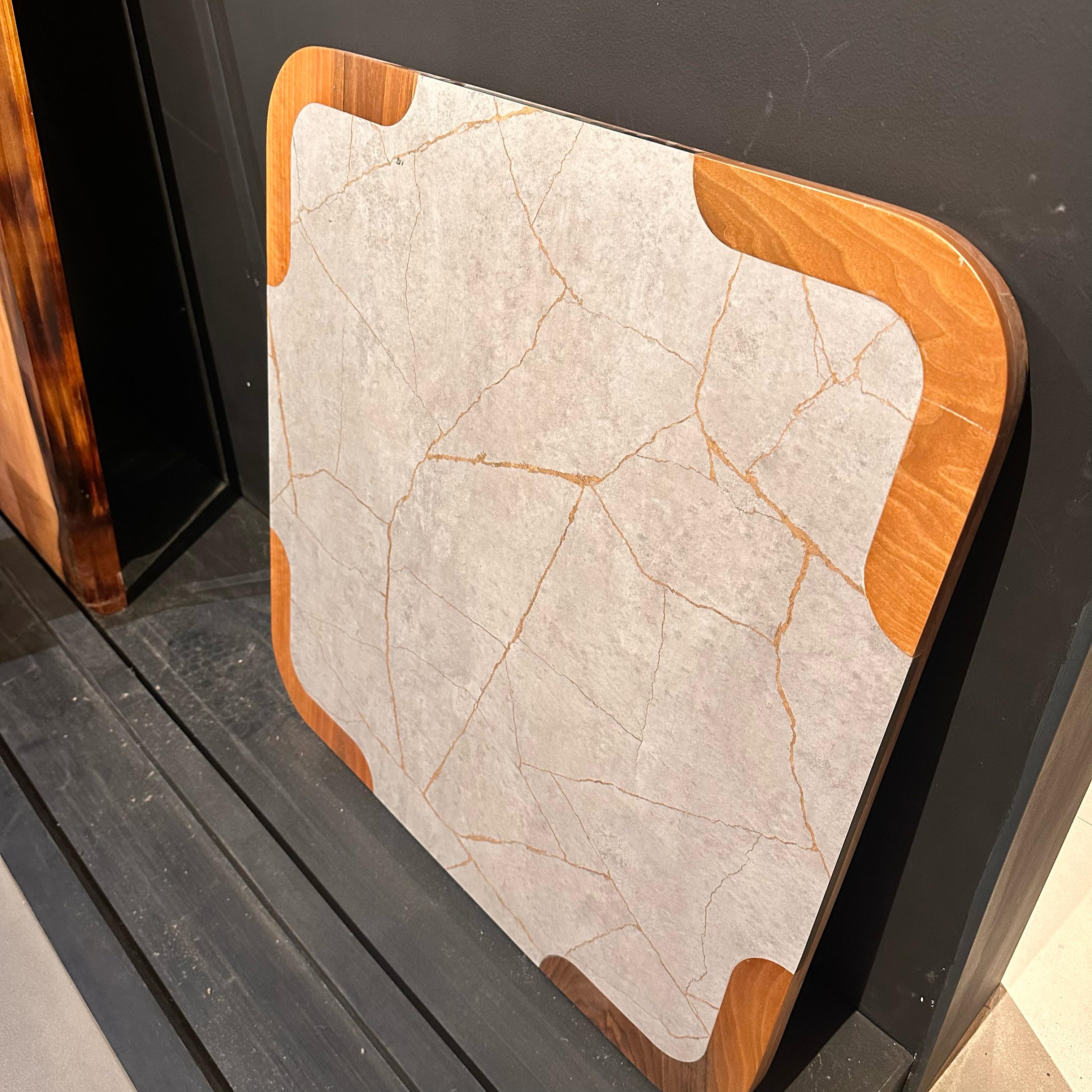 Solid corner dining table top by SANCREA, 80x80 inches, showcasing the sturdy wooden surface and corner design for display purposes.