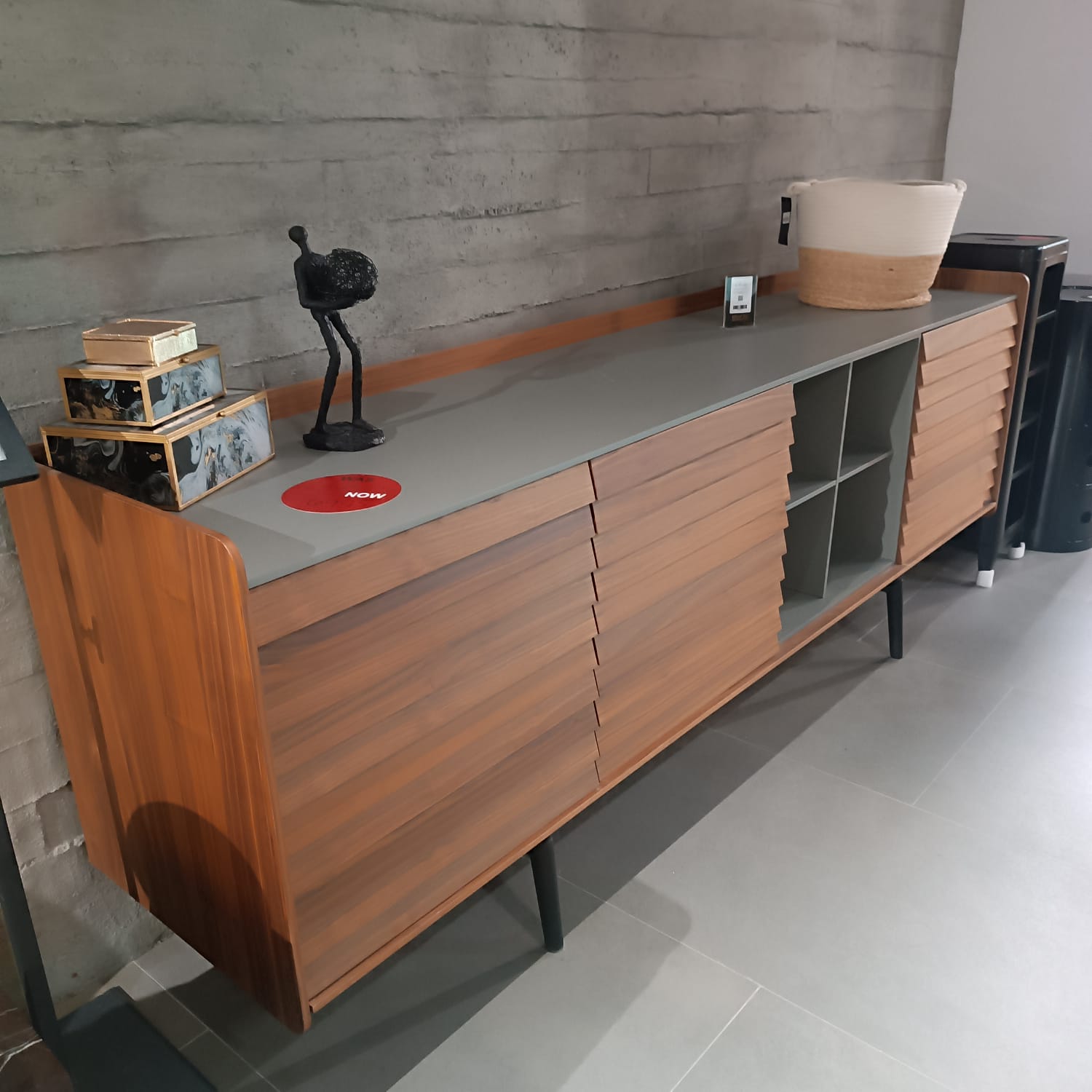 Display of the HOMAGE KOLTUK Solo Side-board Solo004YAS, showcasing its sleek wooden design and modern storage features.