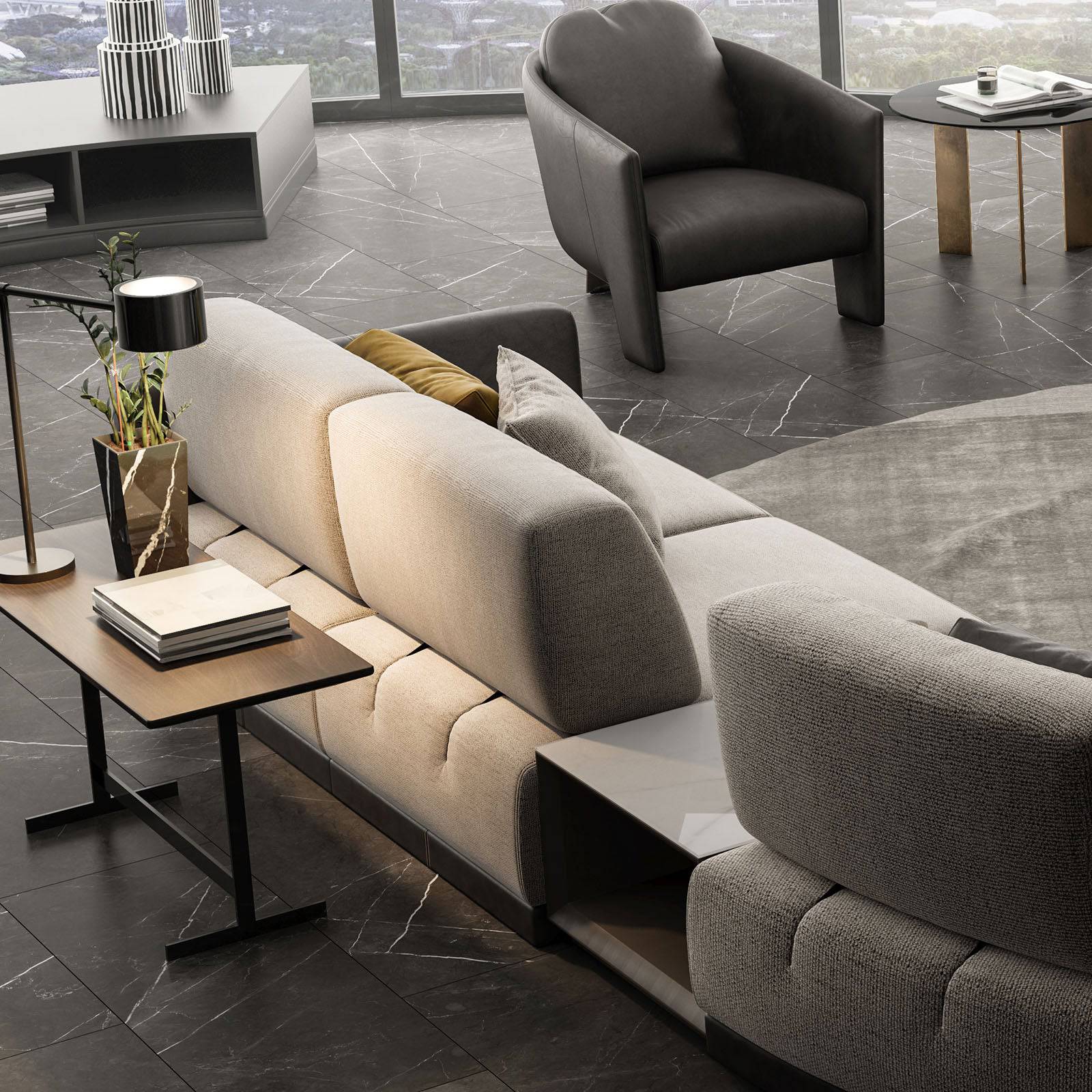 Display of Tesla Armchair Tesla-001-YAS by SALONI showing the sleek, modern design and plush seating in a showroom setting.
