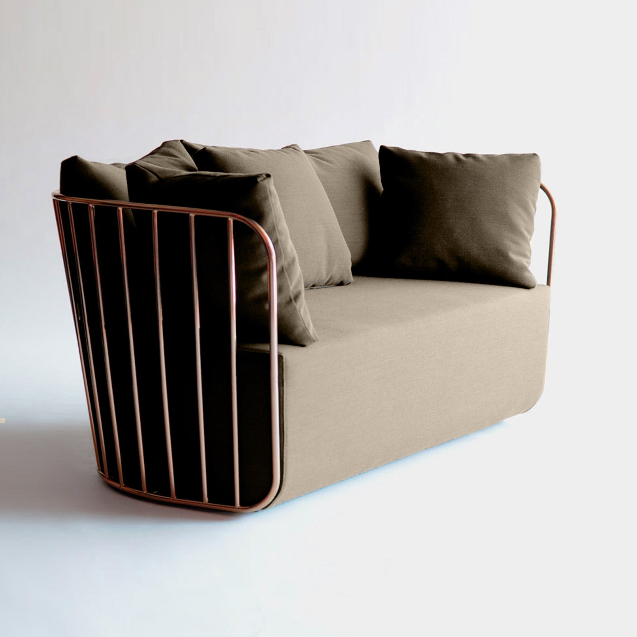 Stainless steel Torino armchair by BEACON with modern design, displayed on a stand, showcasing sleek armrest and contemporary style.