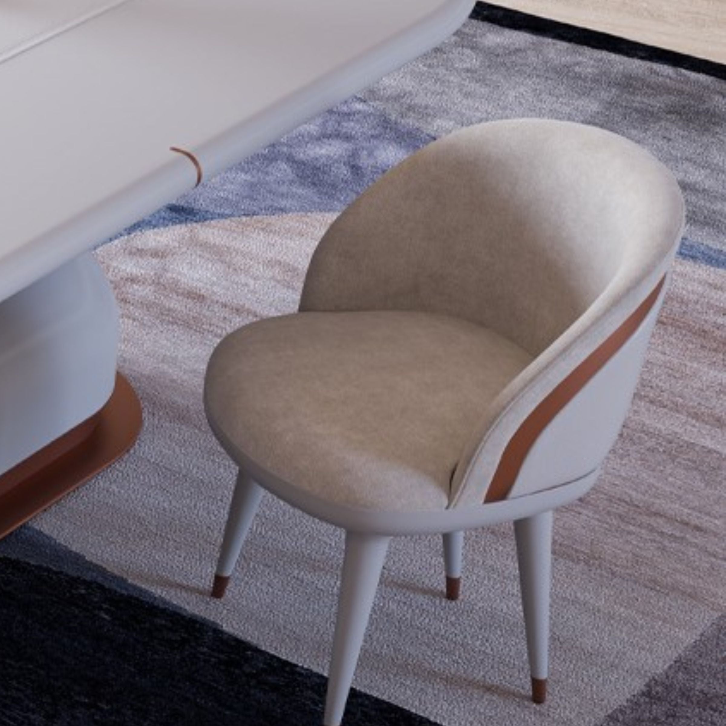 Elegant Tulip Dining Chair by LODA FURNITURE with smooth curves and modern design, featuring a white upholstered seat and wooden legs.