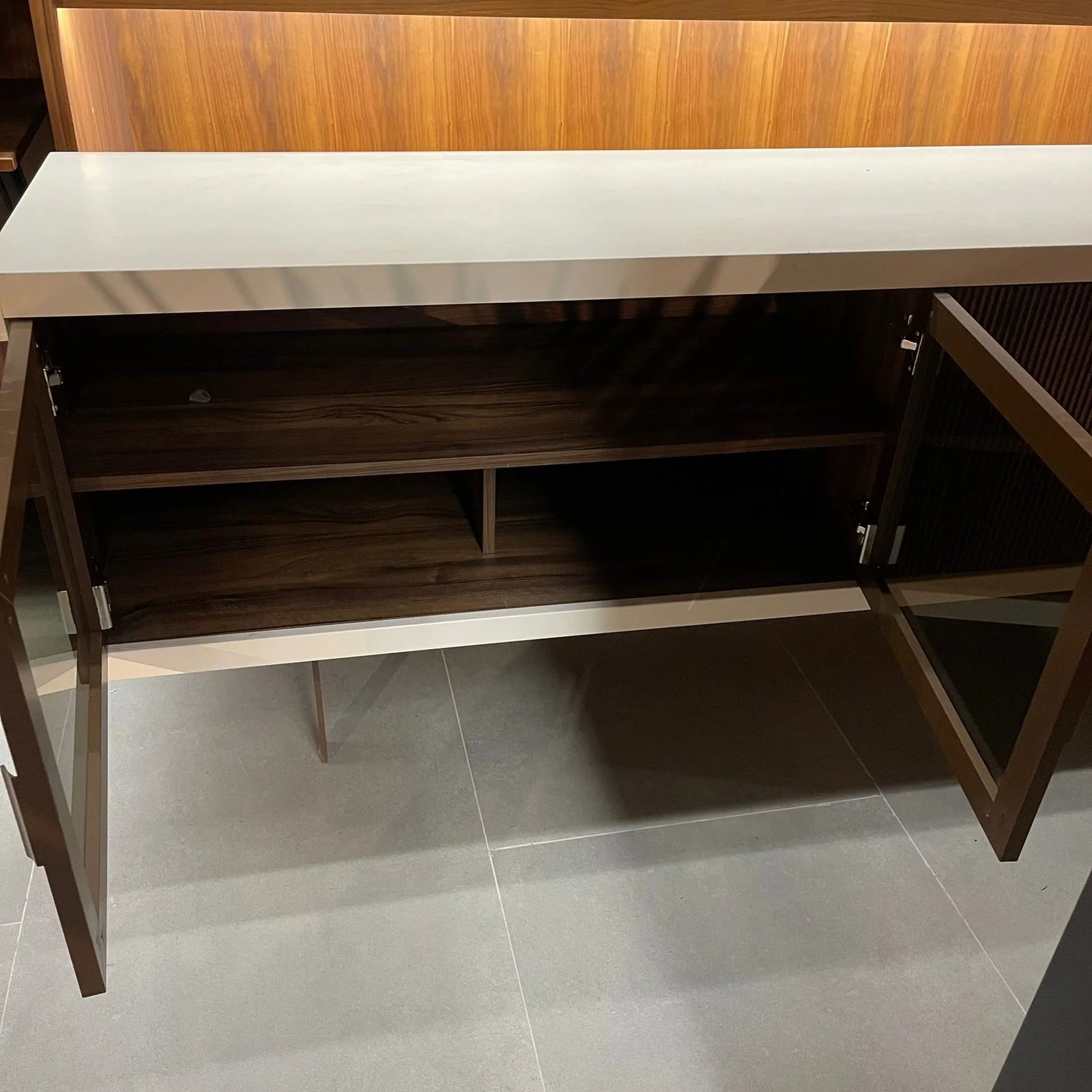 Valentina Sideboard by YOL LIVING, display item with modern design, featuring sleek surface and storage compartments.
