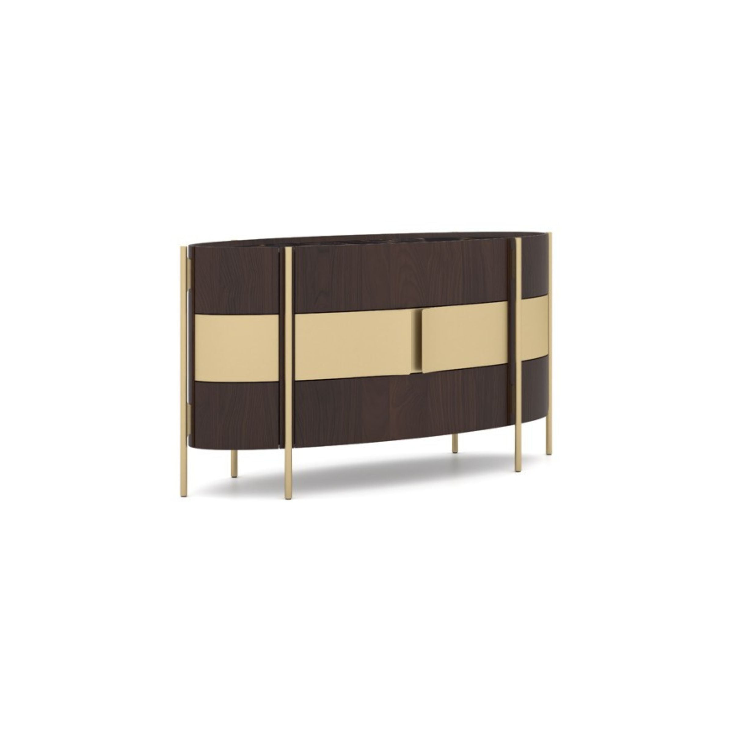 Display image of Vega chest of drawers dresser in gold walnut finish, 158cm, by Loda Furniture, showcasing its sleek design and wood texture.