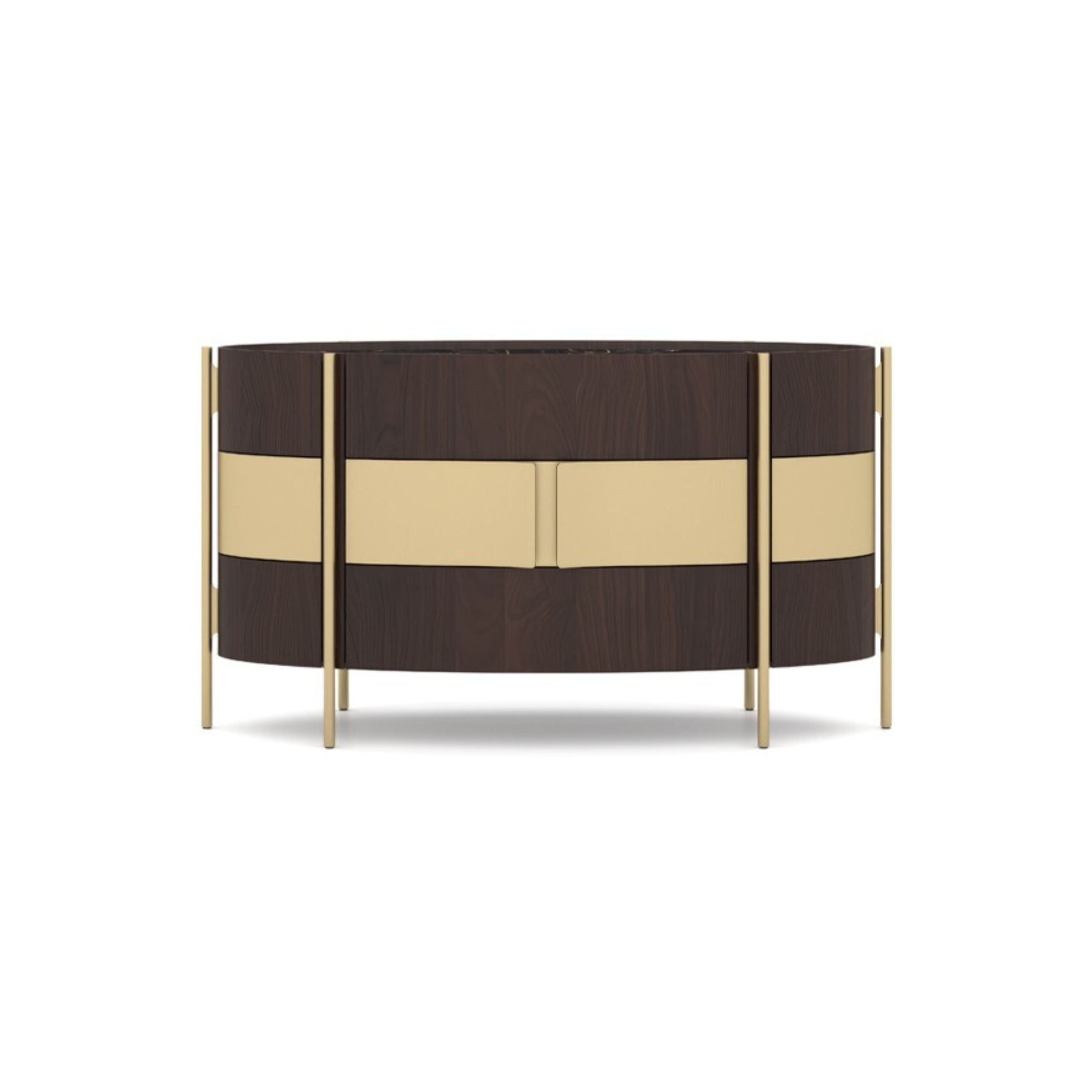 Display image of LODA Furniture Vega chest of drawers, 158cm gold walnut finish, showcasing its modern design and metal handles.