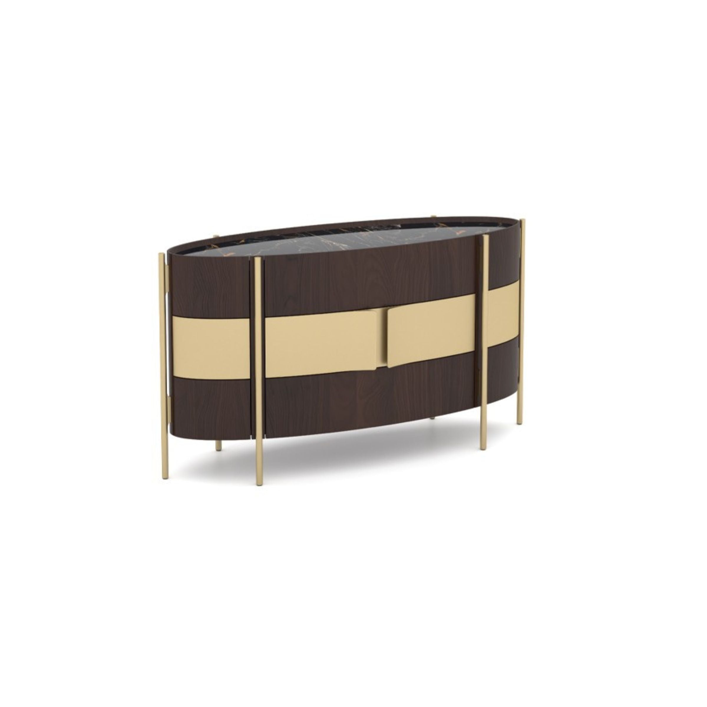 Display of the Vega Chest of Drawers dresser in gold walnut finish, 158cm tall, by Loda Furniture, showcasing its modern design.