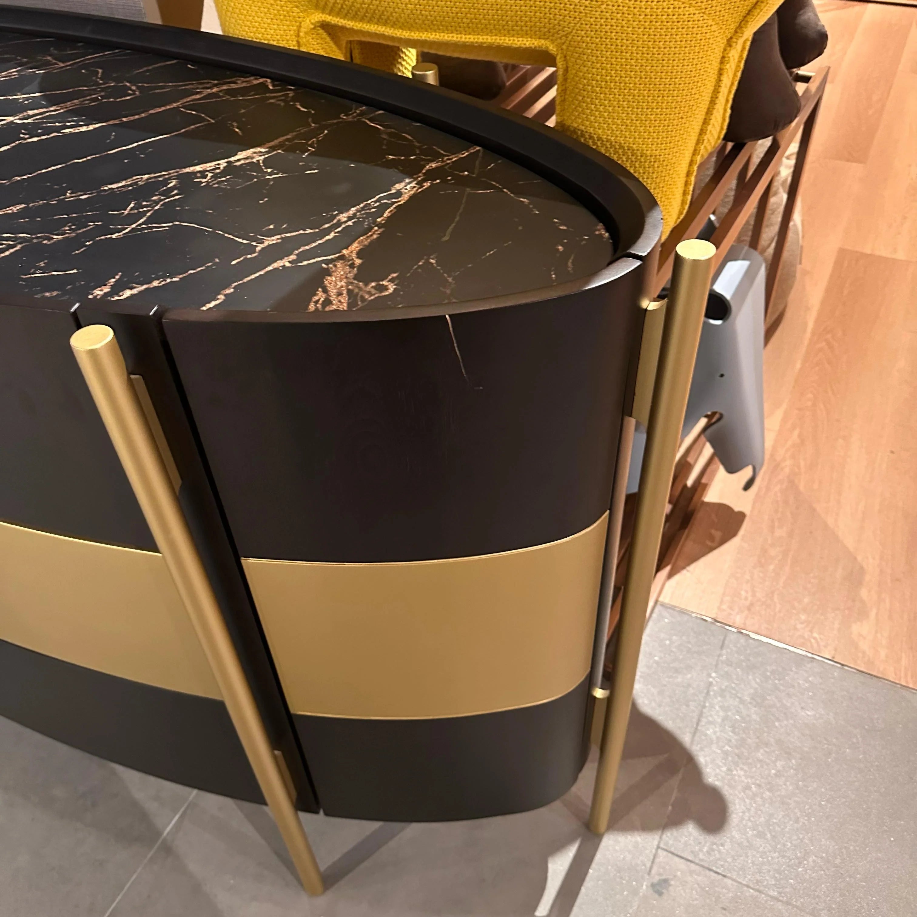 Display of Vega chest of drawers dresser in gold walnut finish, 158cm tall with sleek design from LODA Furniture.
