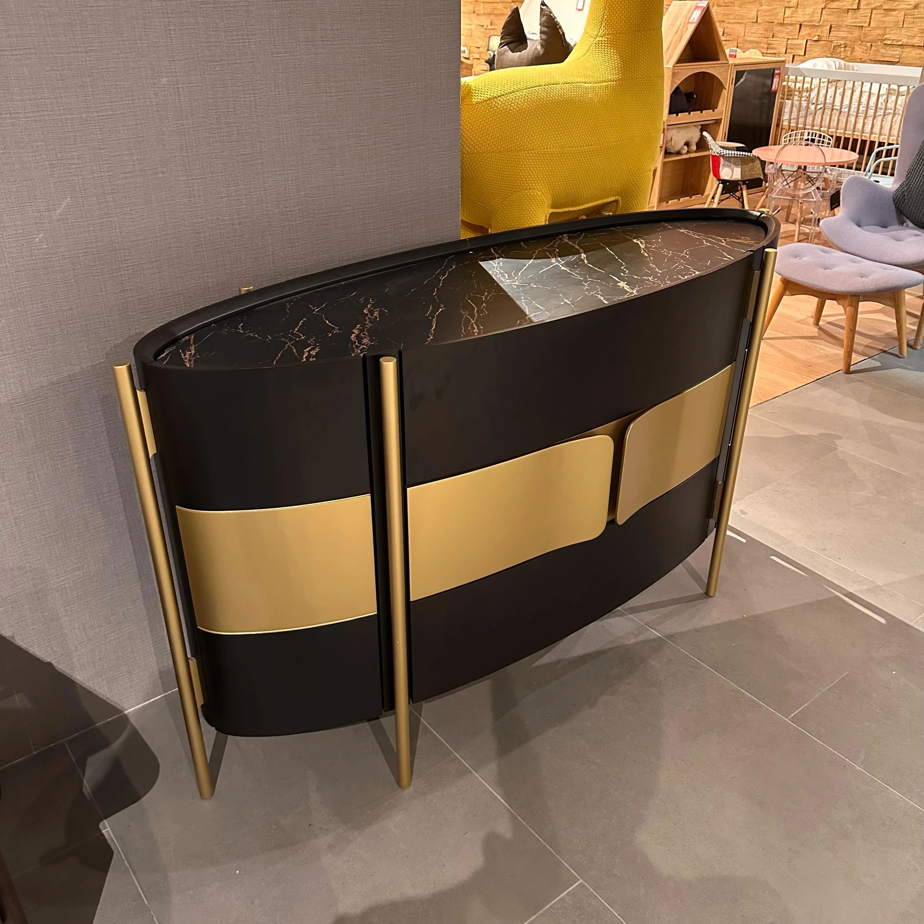 Display of the Vega Chest of Drawers dresser in gold walnut finish by LODA Furniture, 158cm wide with sleek modern design.
