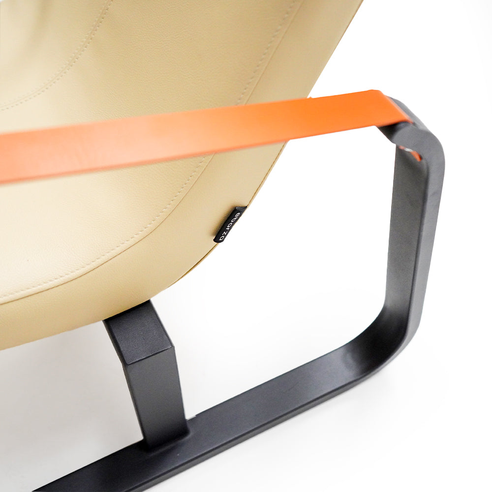 Display of Verona Lounge Chair in fabric with wooden legs, showcasing modern design and neutral upholstery.