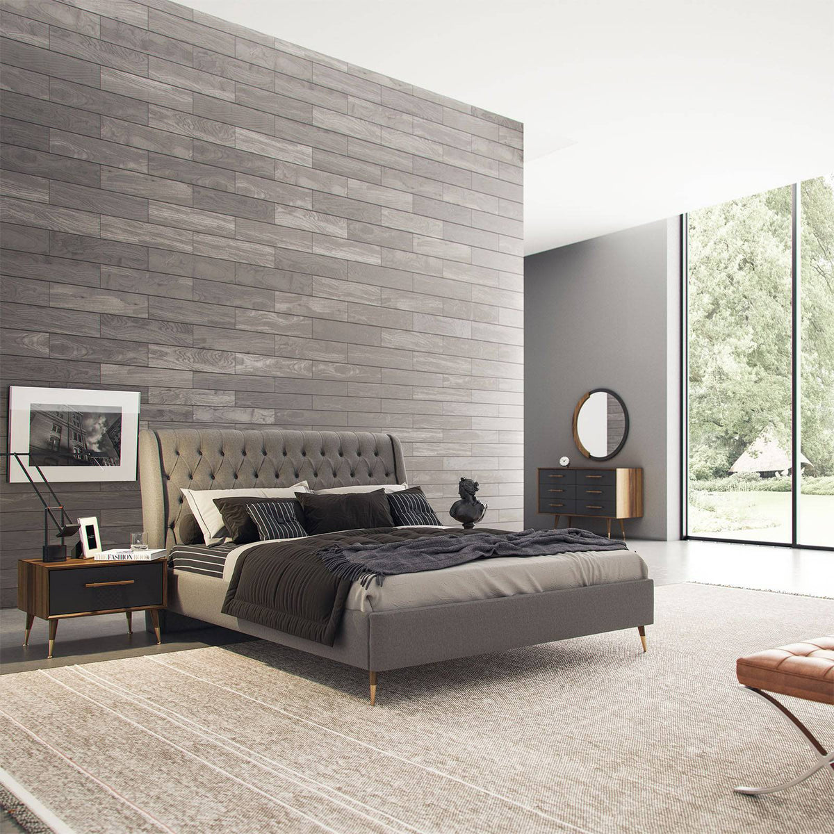 Display piece of the Alvin full bed set by Nills Furniture Design, showcasing bed frame and bedding arrangement.