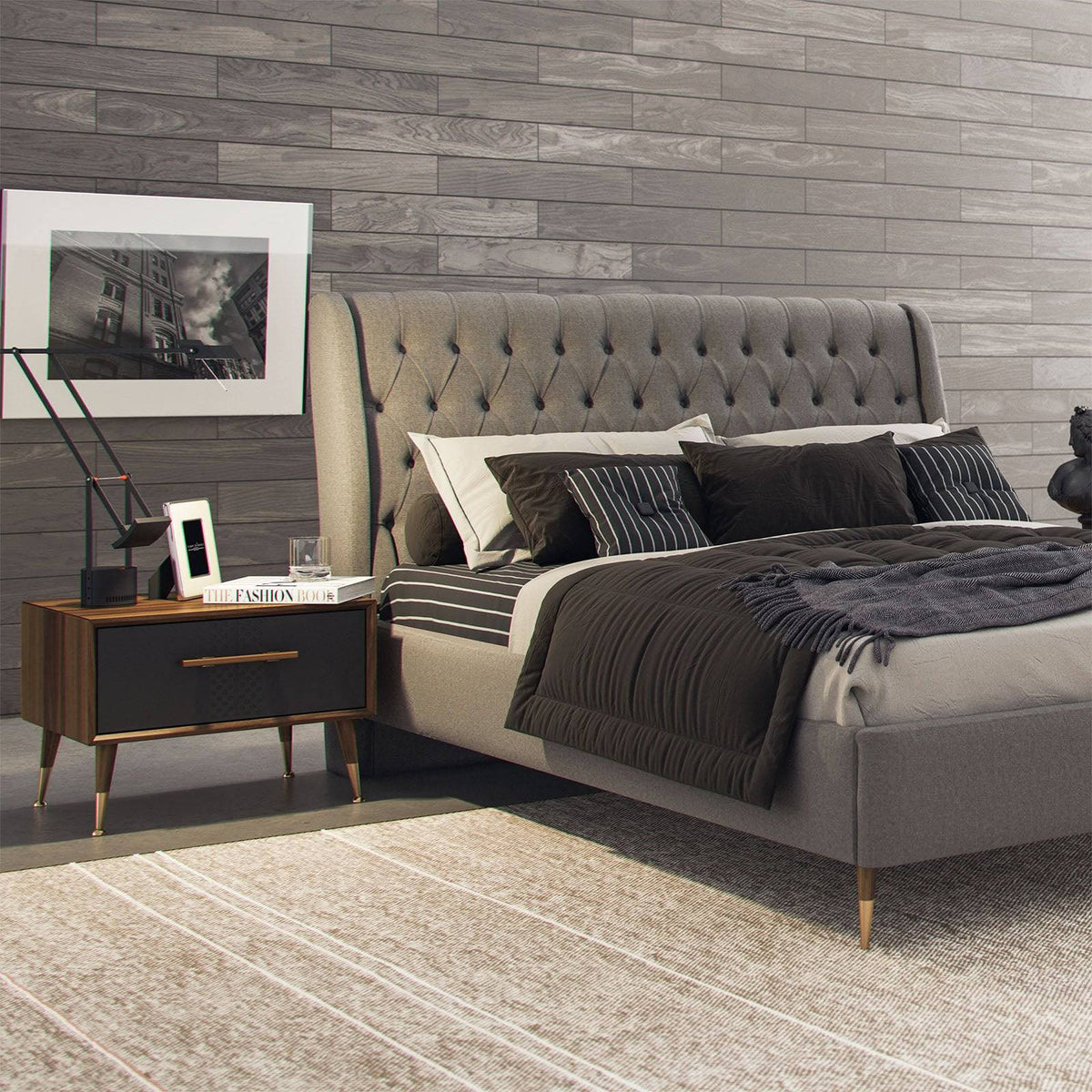 Display piece of the Alvin full bed set by Nills Furniture Design, showing the bed frame and bedding arrangement.