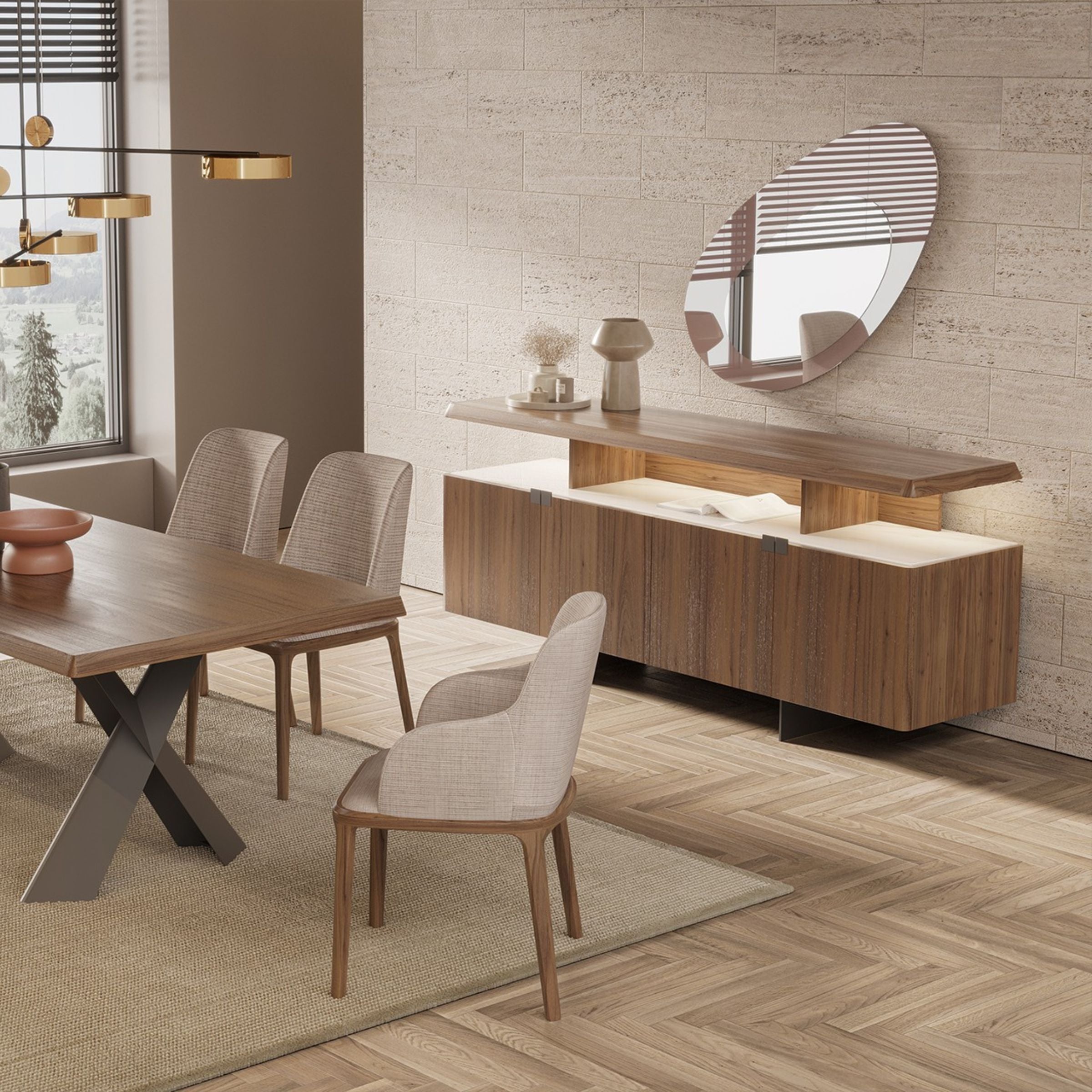 Display piece showing the Genova Dining Table by YOL Living, featuring a sleek wooden tabletop and modern design.