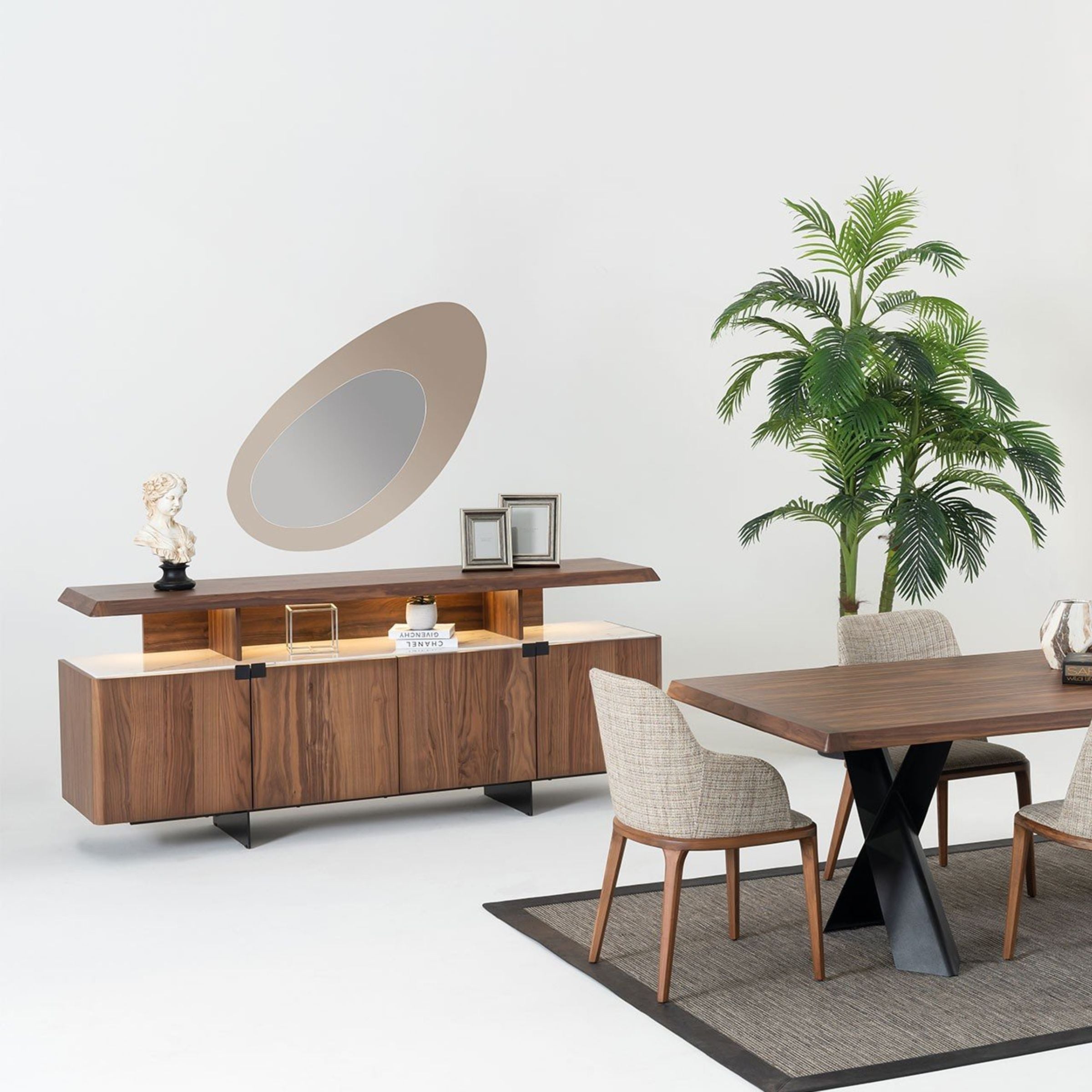 Display piece of the Genova dining table by YOL LIVING, showcasing the modern wooden design and tabletop details.