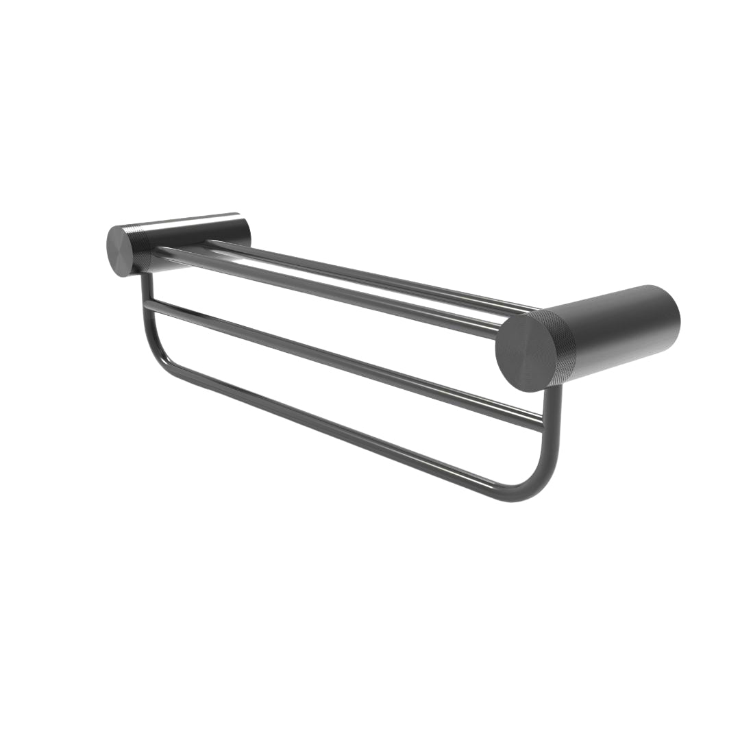 Double bathtowel shelf in chrome finish, 60cm long, designed for bathroom storage by BEACON bathroom accessories.