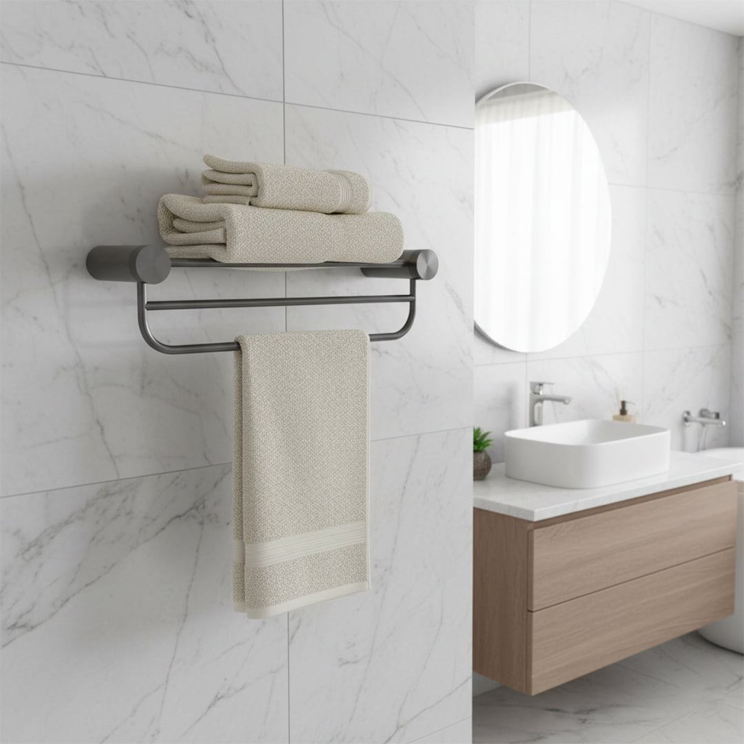 Double bathtowel shelf by BEACON, 60cm, bathroom accessories, wall-mounted metal rack for towels and bathroom organization.
