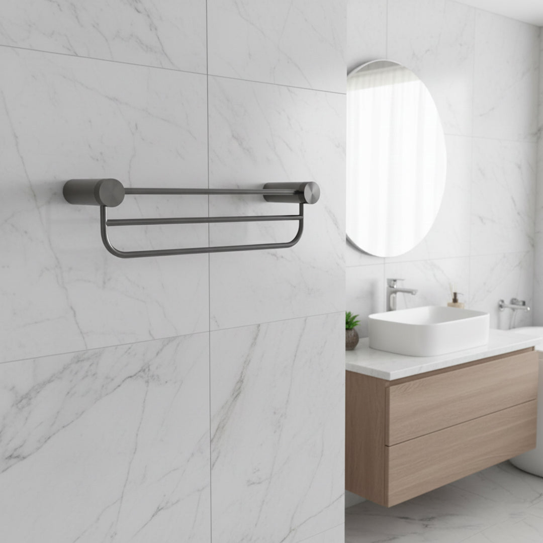 Double bathtowel shelf in chrome finish, 60cm length, designed for bathroom accessories by BEACON.