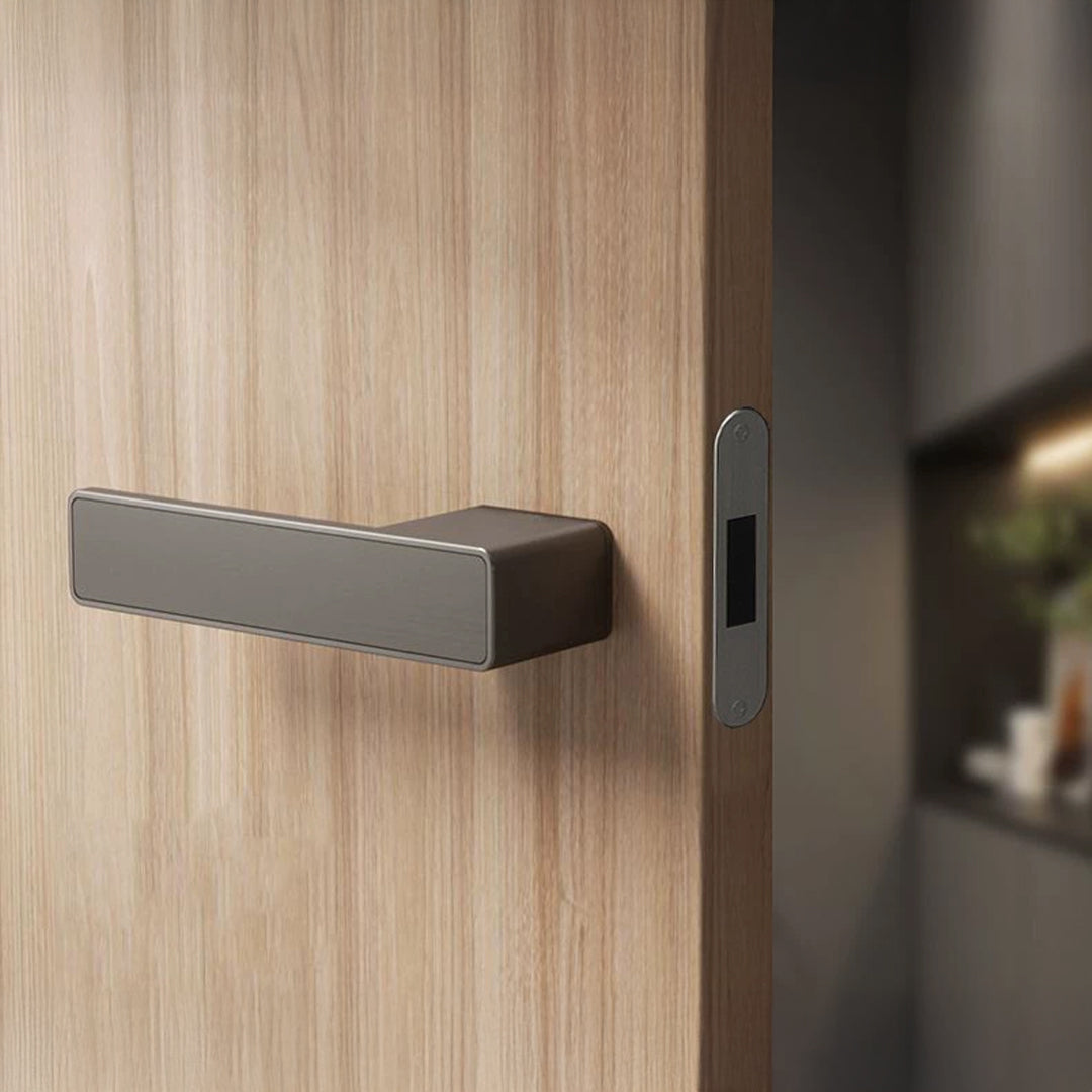 BEACON double door handle set with keys and matching magnetic lock body in grey, includes handle and lock mechanism.