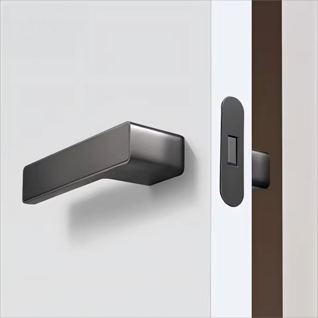Grey double door handle with keys and magnetic lock body, BEACON 2-in-1 door handle set with matching lock for secure entry.