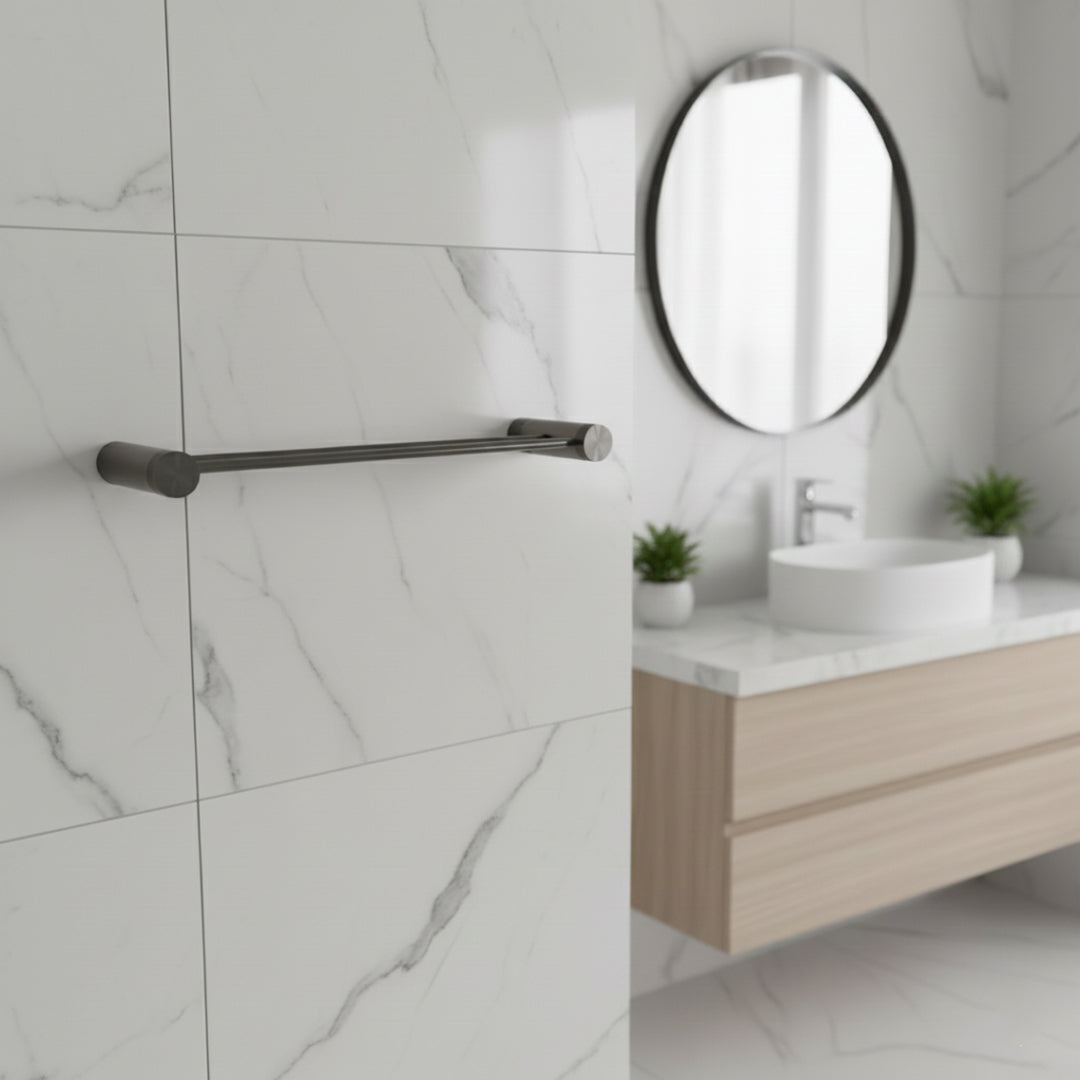 Double 60cm towel bar from BEACON bathroom accessories, sturdy metal with sleek finish, mounted on bathroom wall.